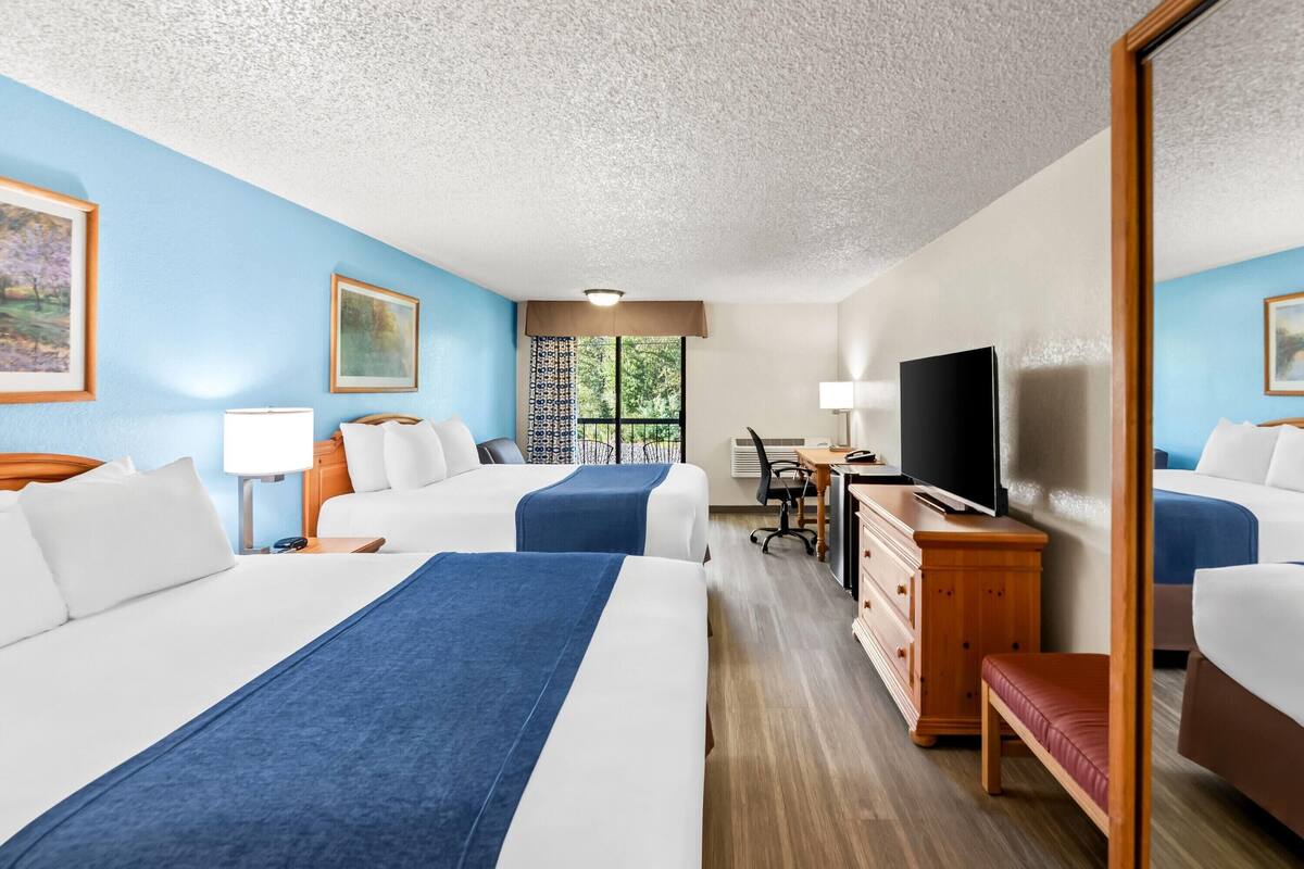 Une chambre d’hôtel avec deux lits, un bureau, une télévision et une fenêtre donnant sur un paysage verdoyant.