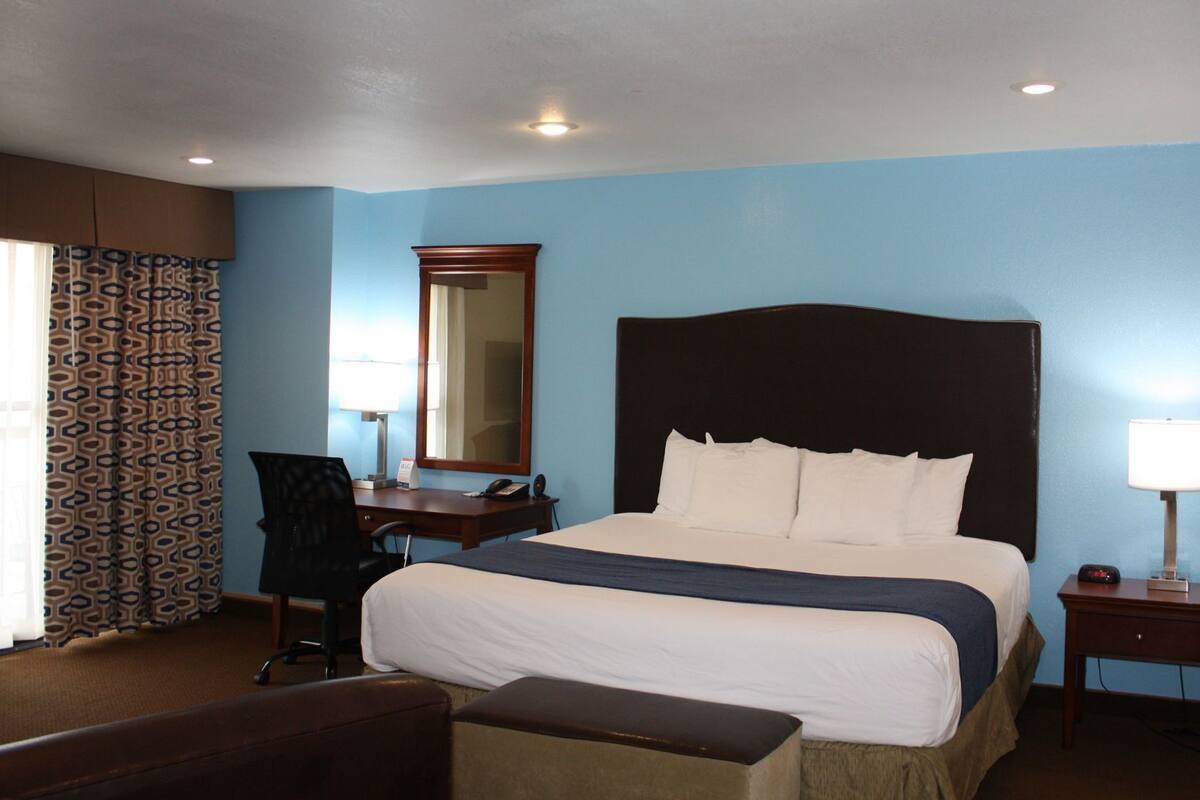 Une chambre d’hôtel avec un grand lit, un bureau, une chaise, une table de chevet avec une lampe et un miroir au mur.