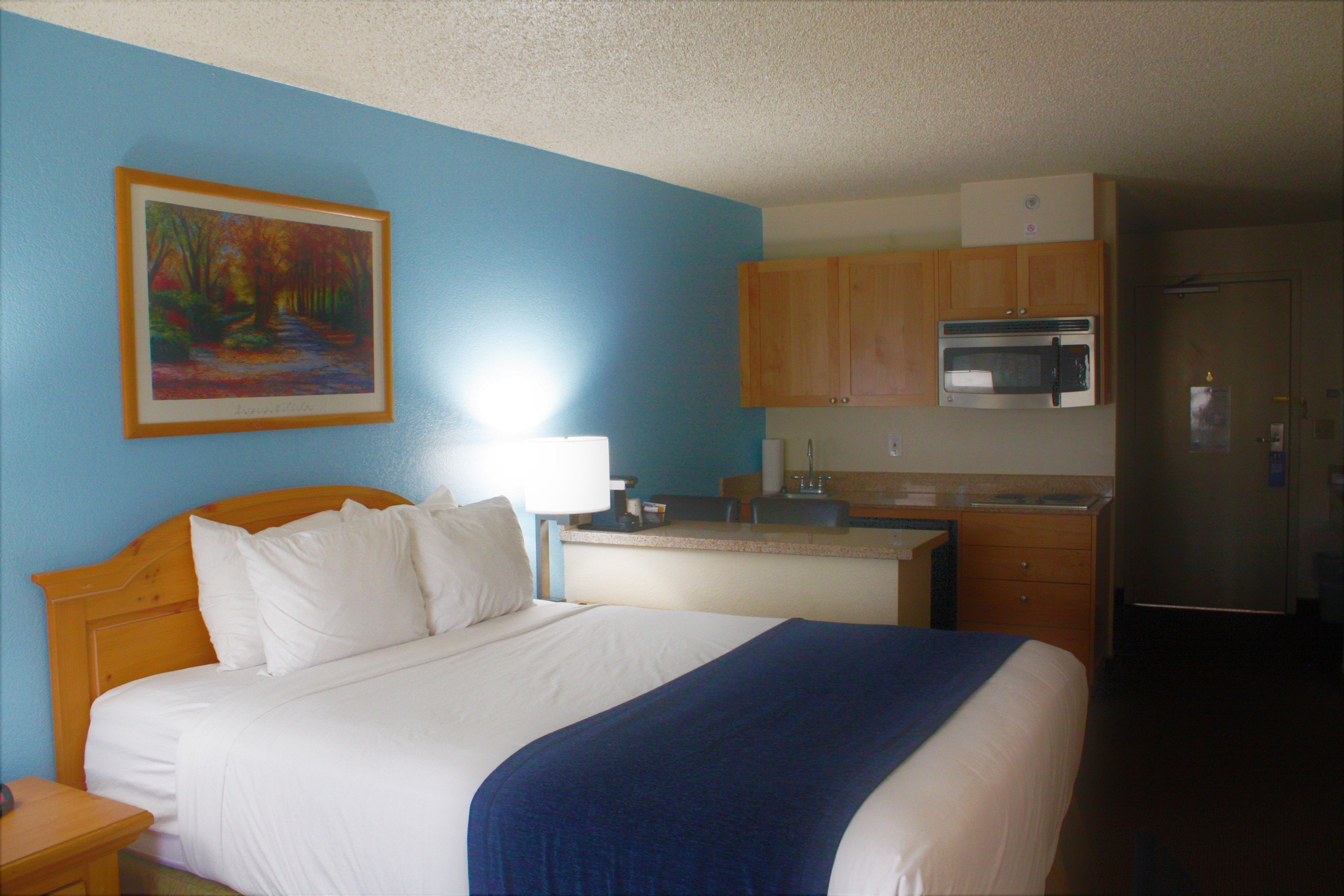 A hotel room with a bed, a painting on the wall, a microwave, and a refrigerator.