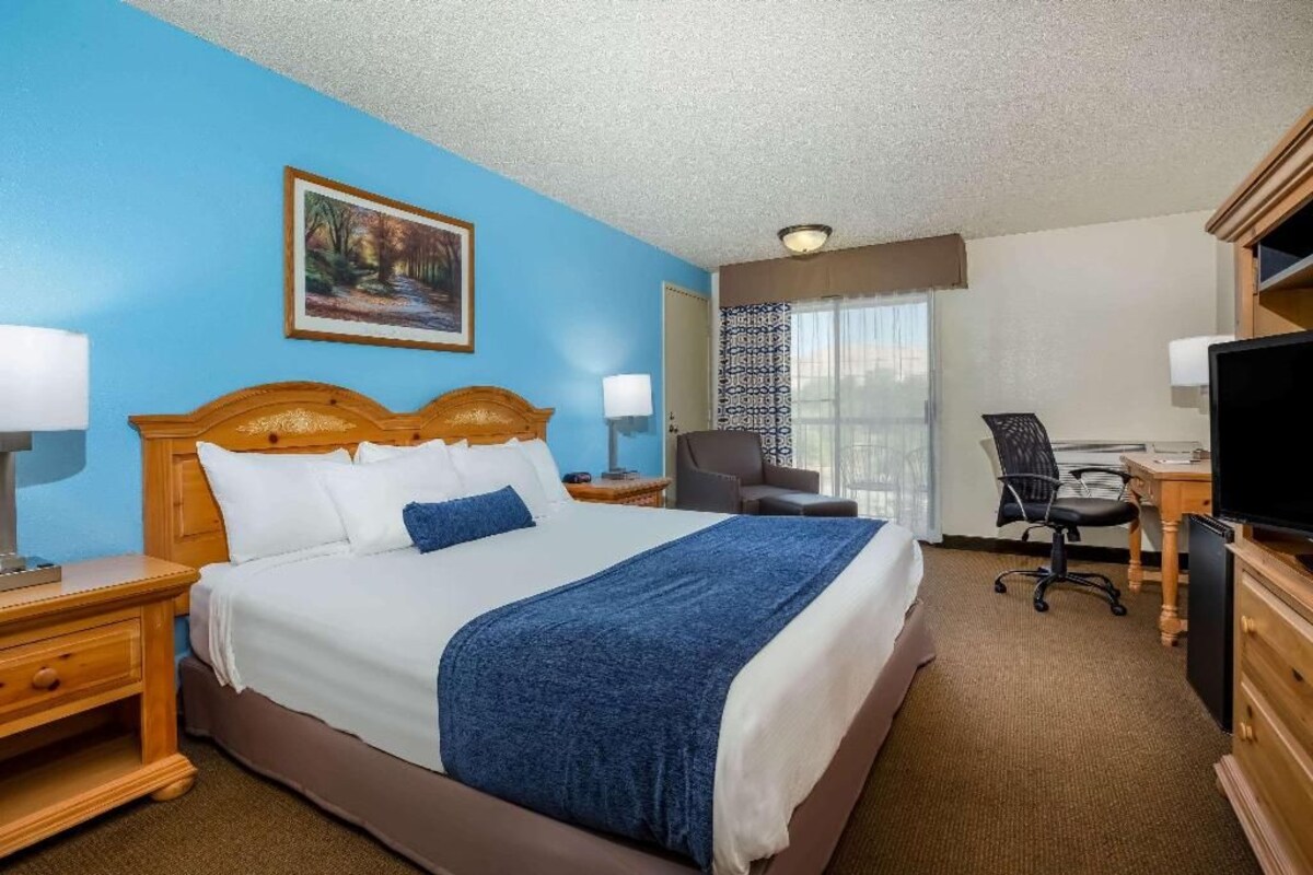 A hotel room with a large bed, a desk, a chair, and a television.