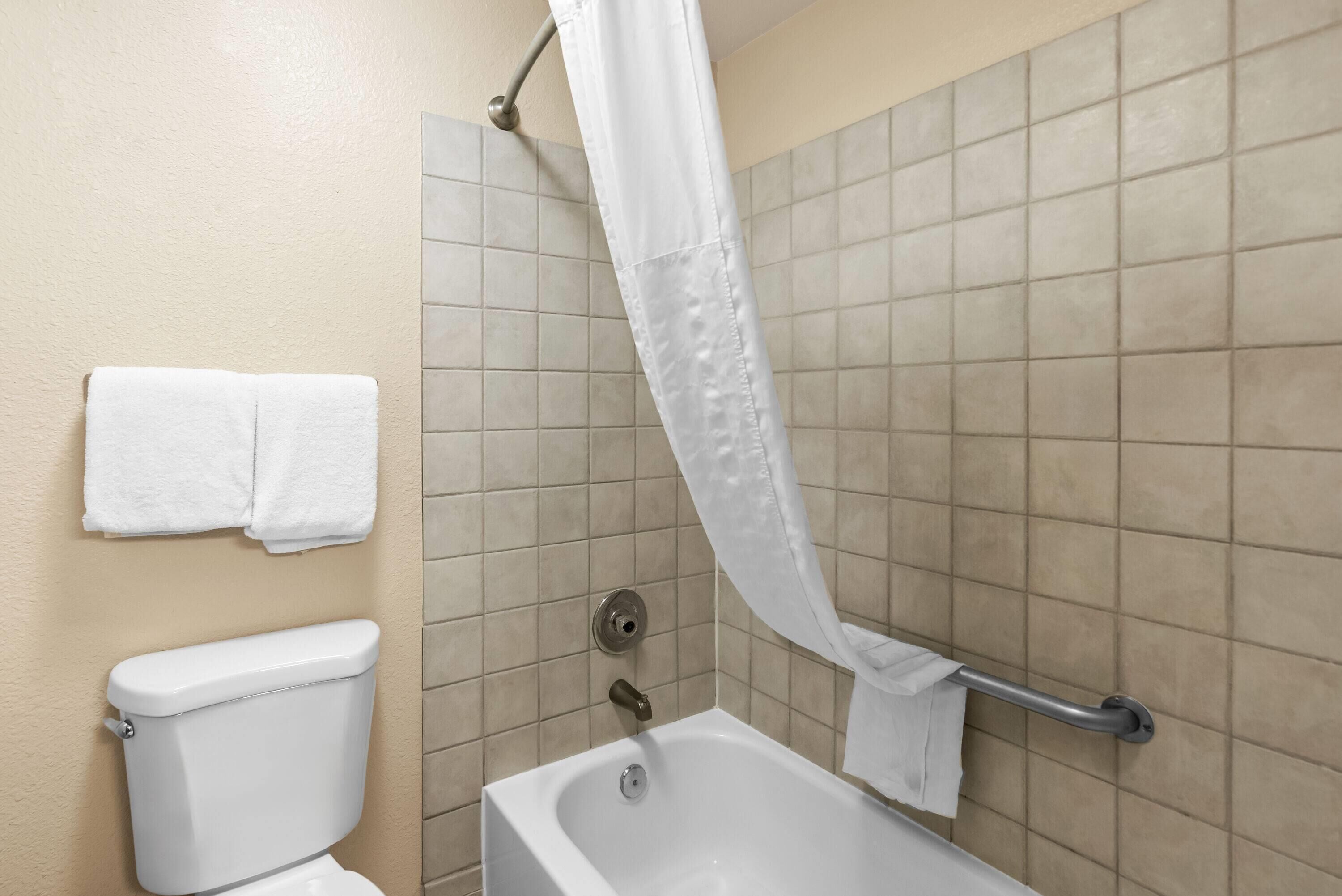 Een badkamer met toilet, bad en douchegordijn.