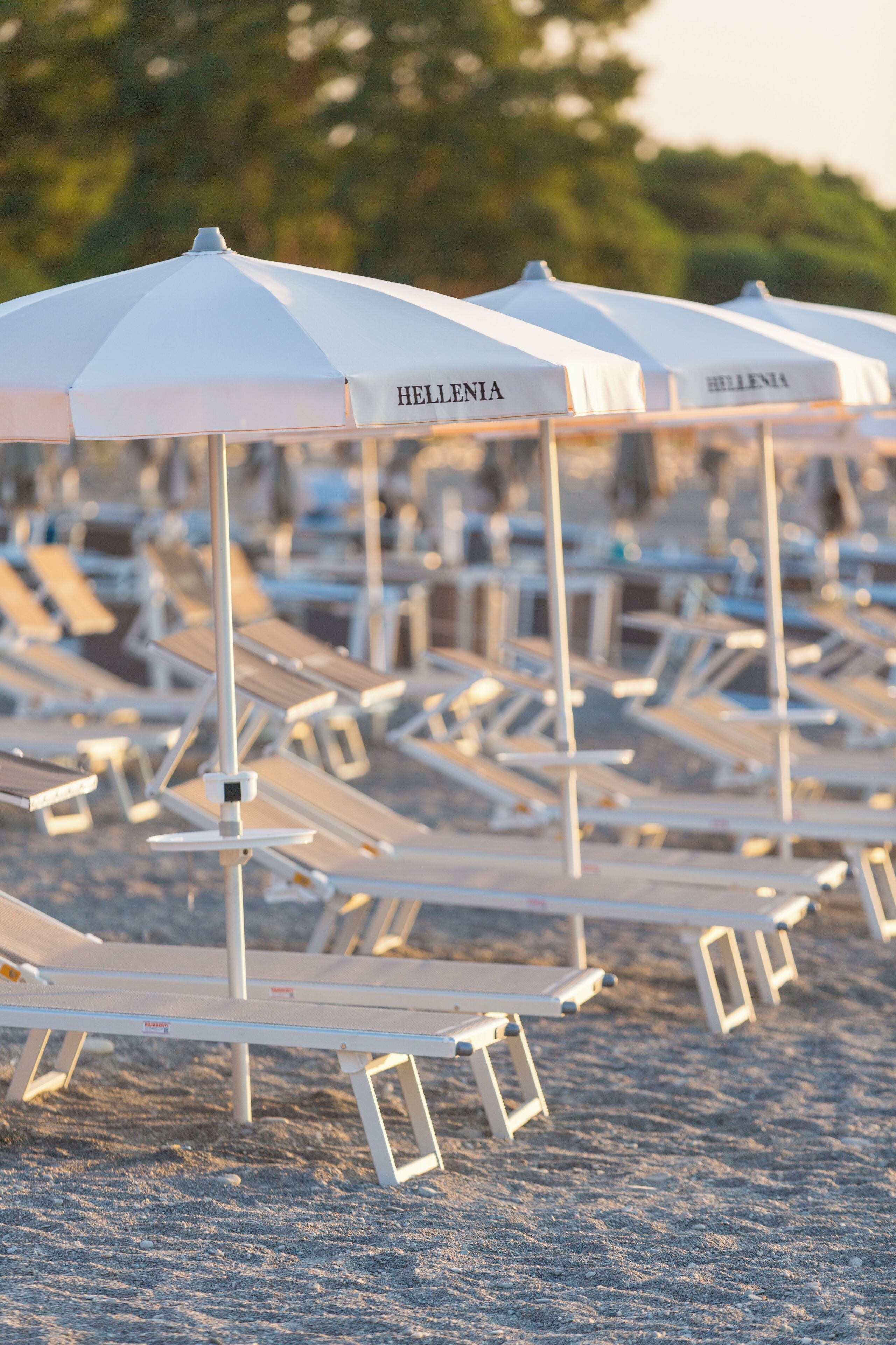 Filas de sillas y sombrillas con etiquetas 'HELLENIA', dispuestas sobre una playa arenosa.