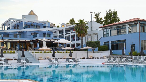 A swimming pool with lounge chairs and umbrellas, a multi-story building with balconies, and a palm tree.