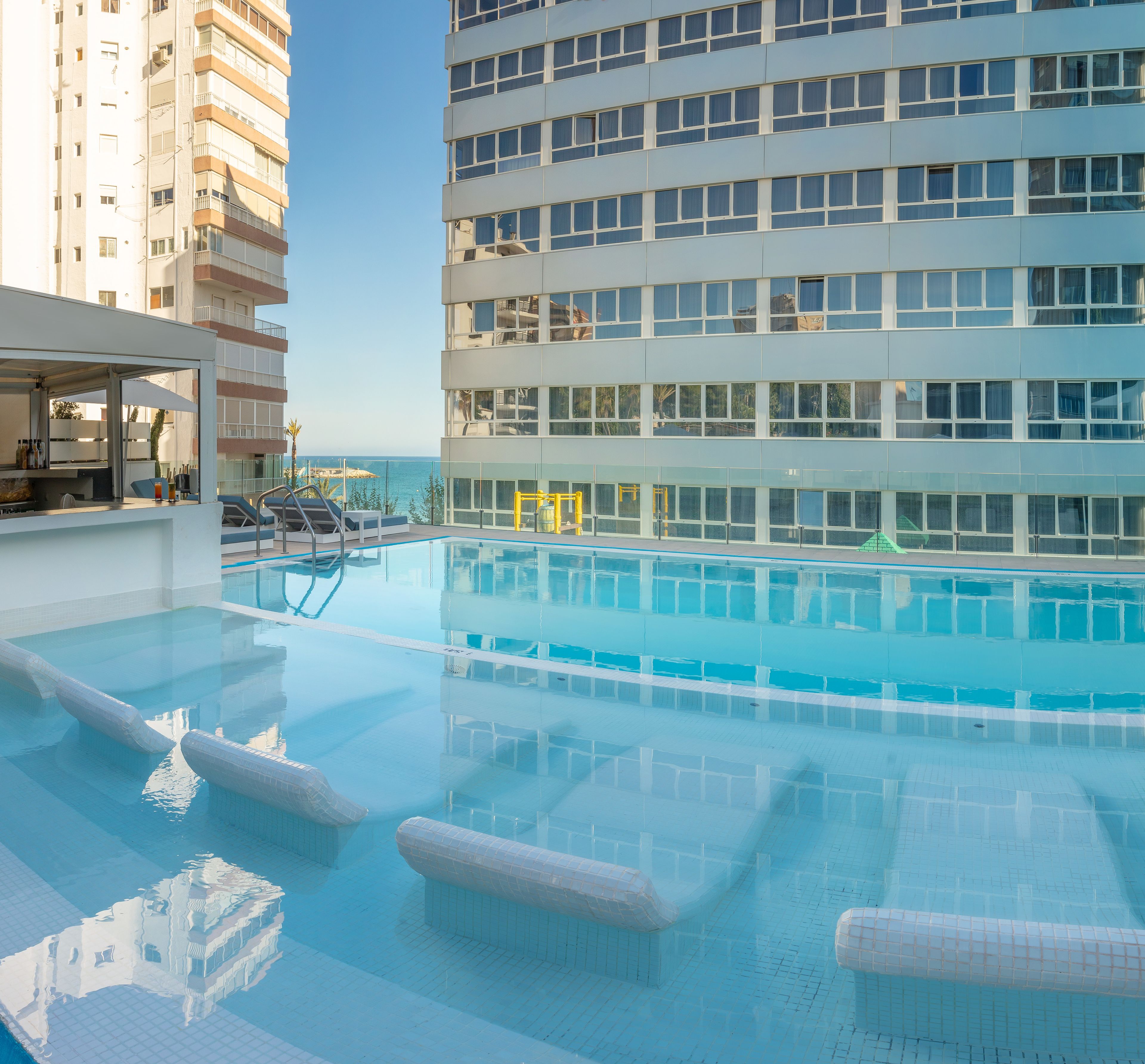 indoor pool, seasonal outdoor pool, pool loungers