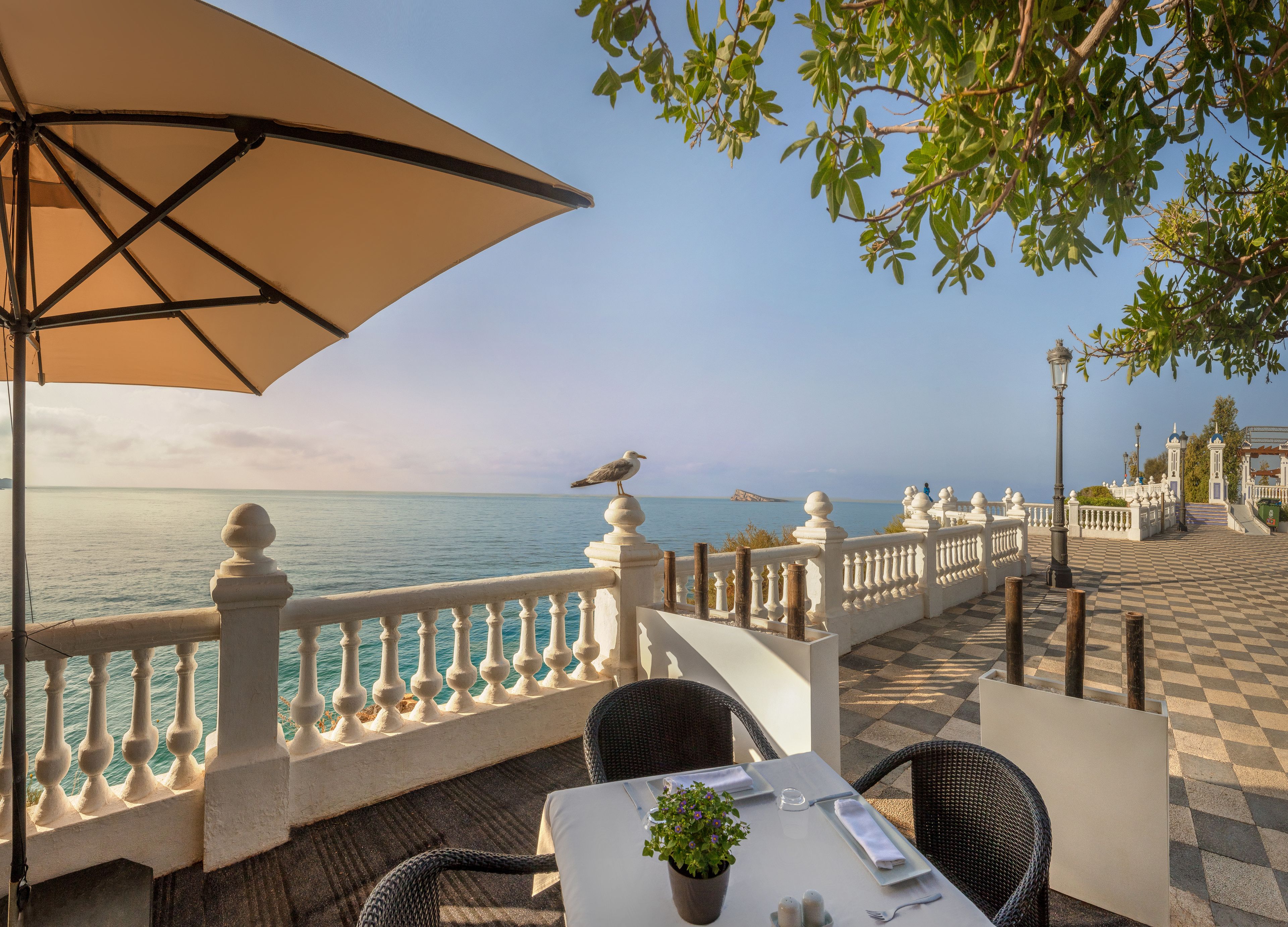 A seaside terrace with a table set for dining, overlooking the sea.