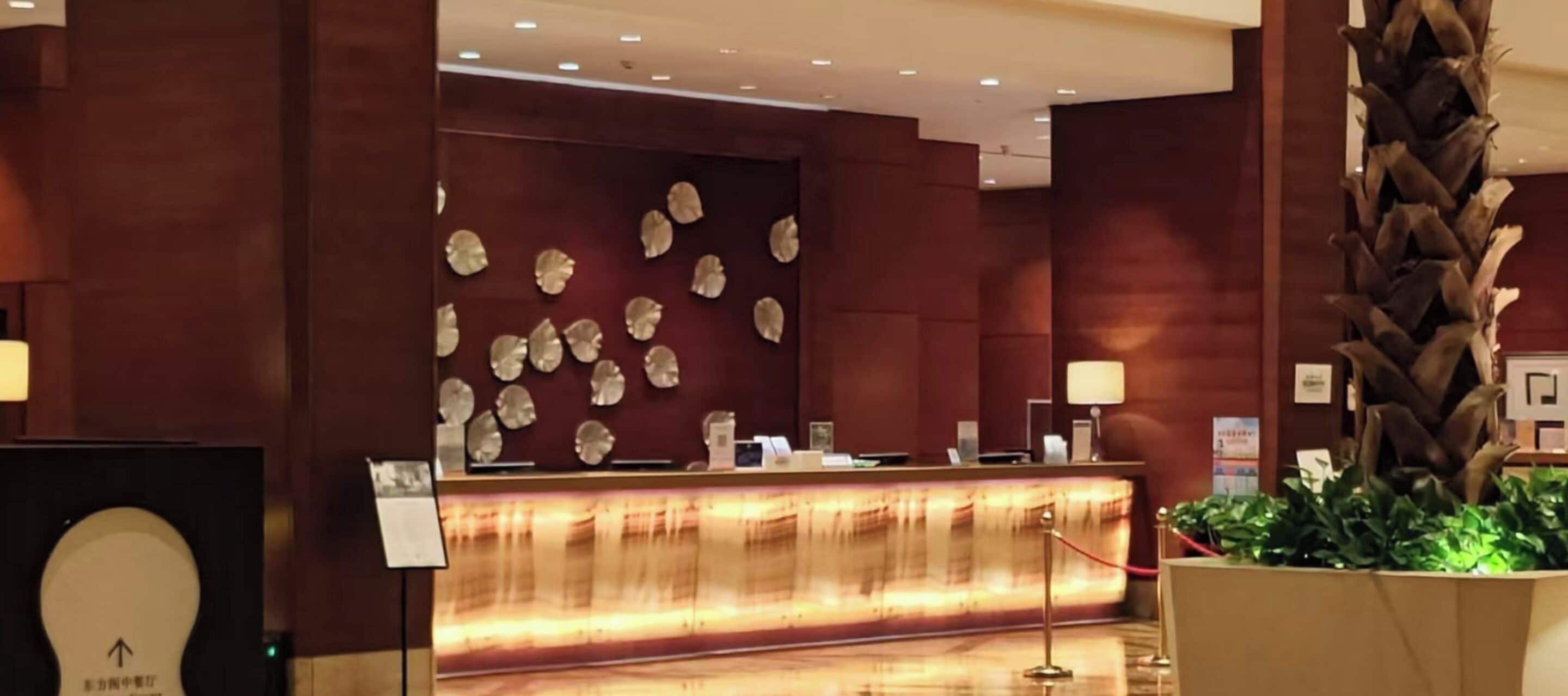 Zona de recepción con un mostrador de madera, un panel decorativo en la pared y una planta en maceta.