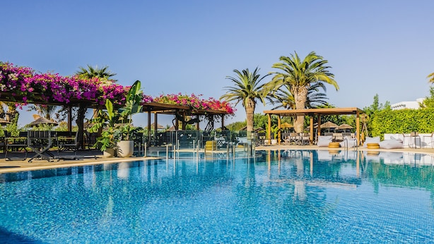 A swimming pool with lounge chairs and a pergola covered with flowers.