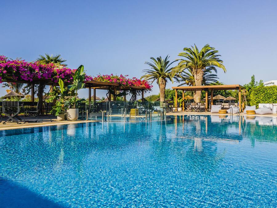Indoor pool, outdoor pool, pool umbrellas