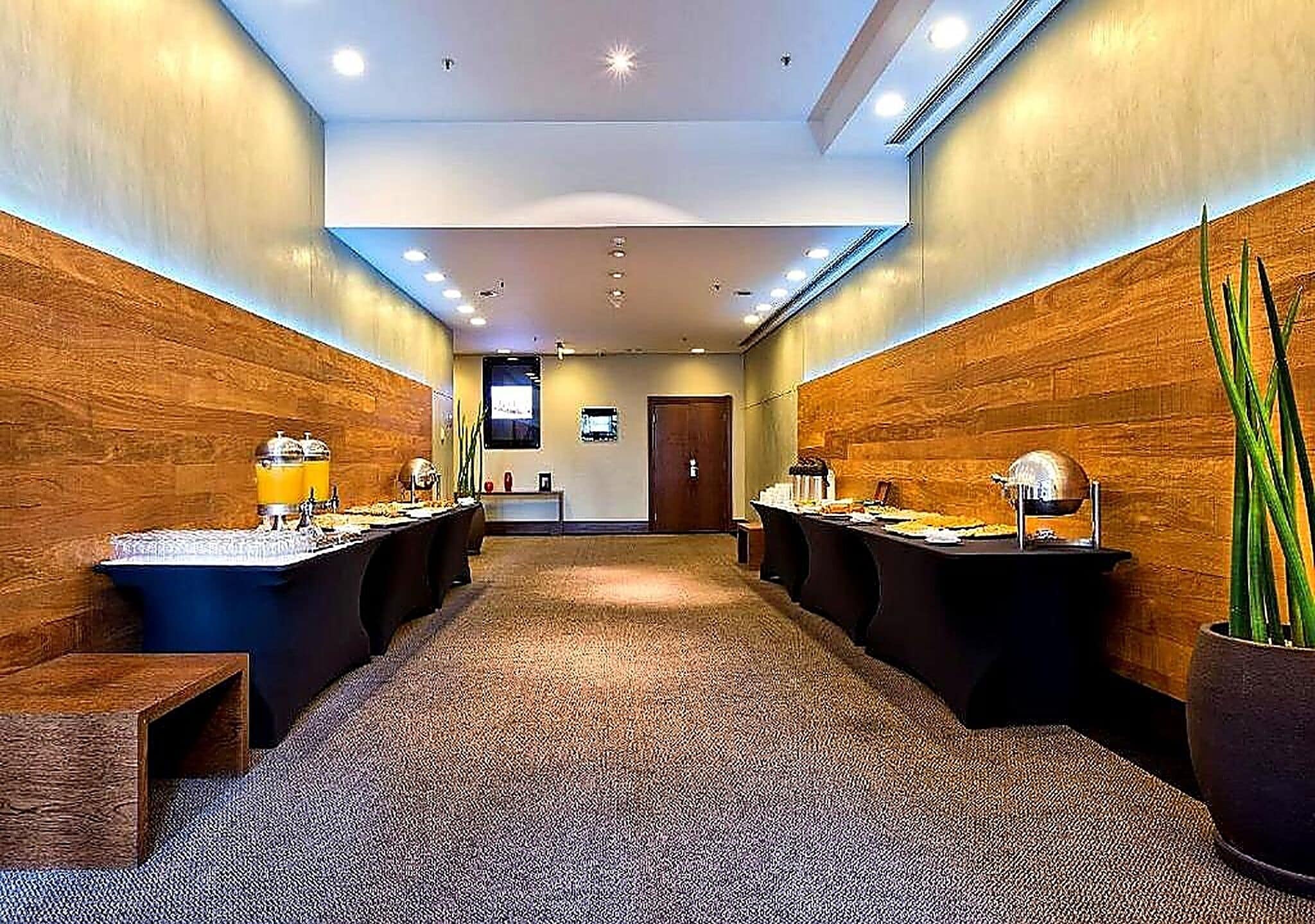 A hotel bathroom with two sinks, a mirror, and a potted plant.