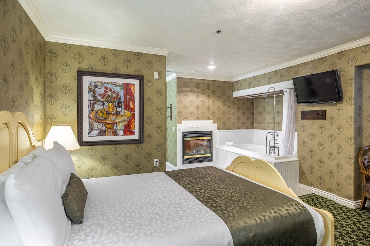 Habitación de hotel con cama, un cuadro, chimenea, bañera y televisor.
