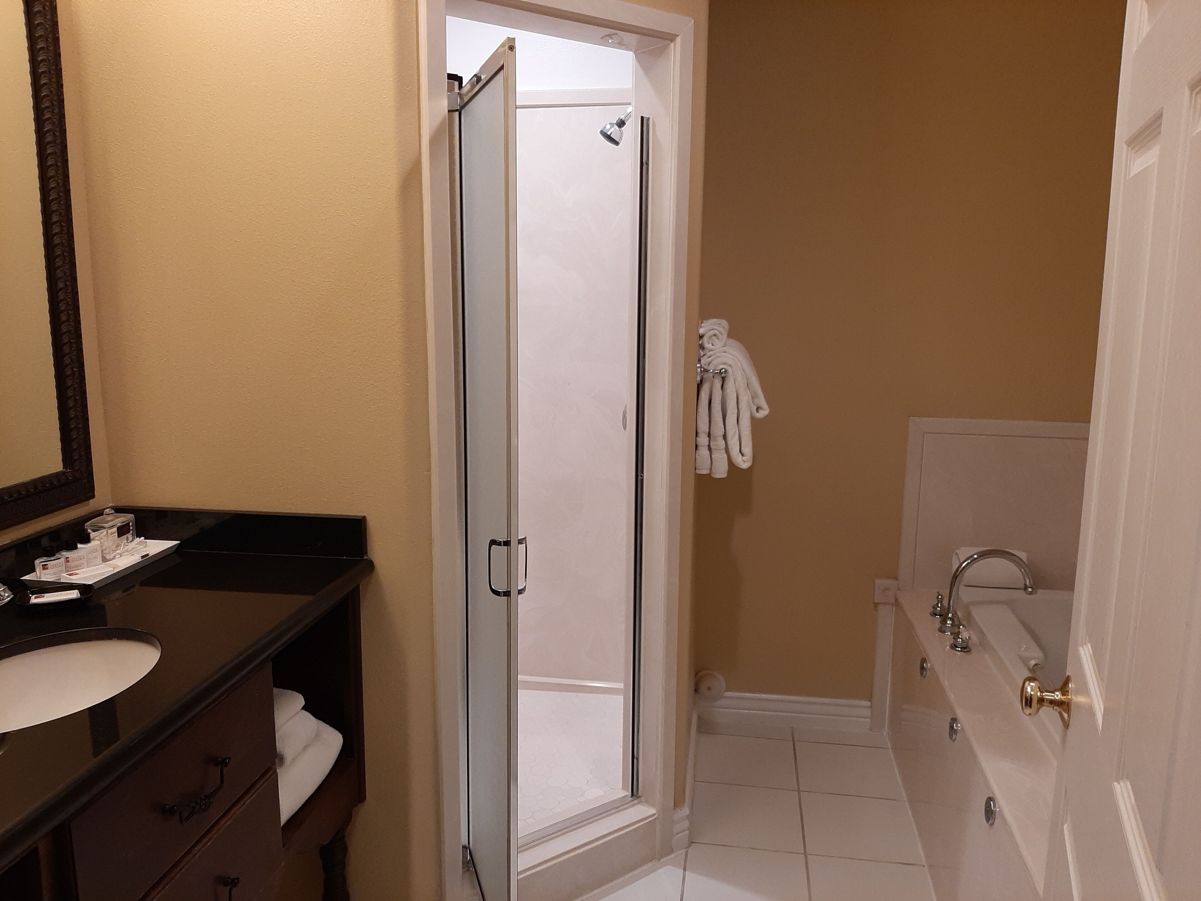 A bathroom with a glass shower door, a white sink, a mirror, and a towel rack.