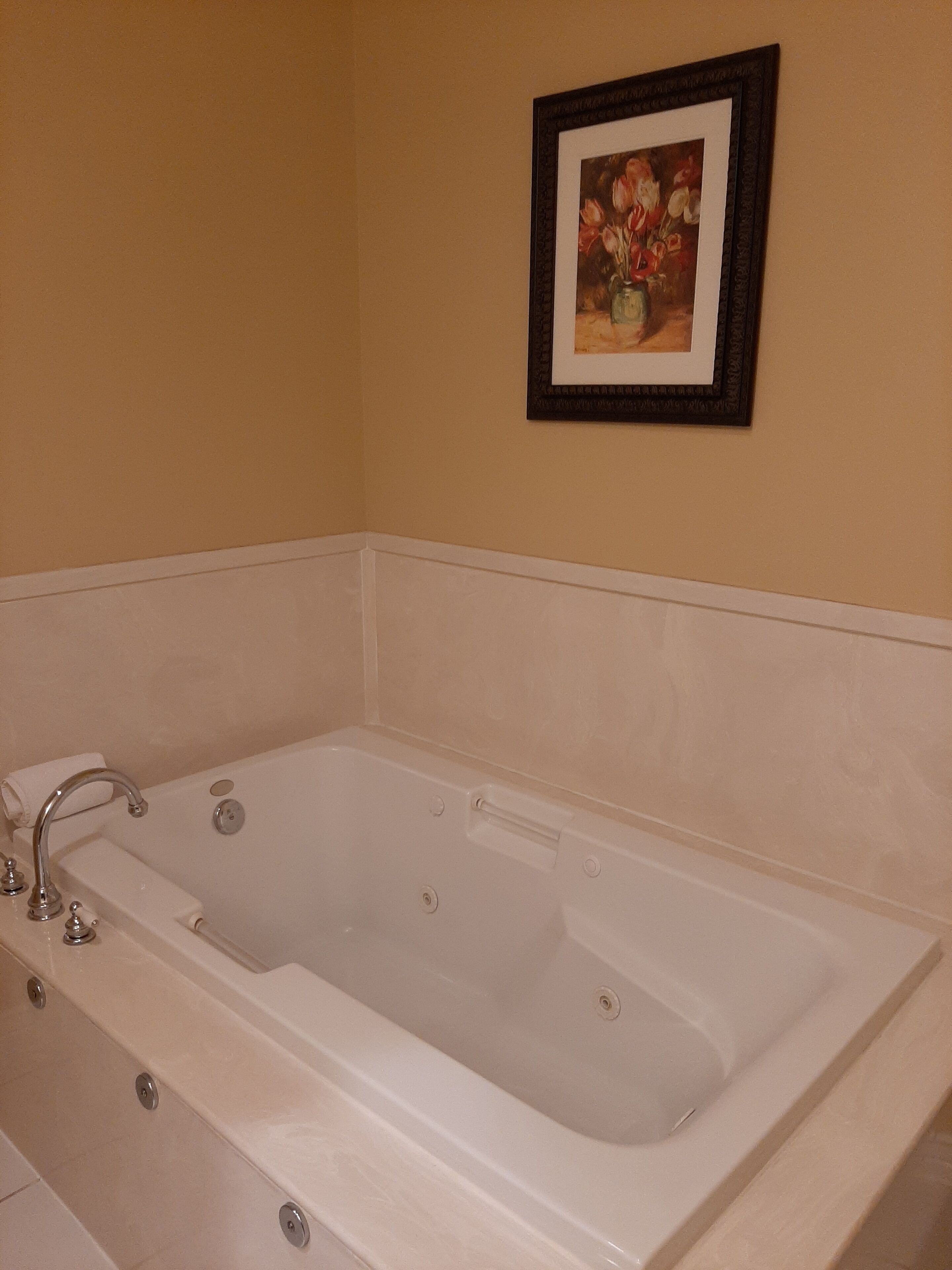 A bathroom with a white bathtub, a framed painting on the wall, and a white towel on the edge of the tub.