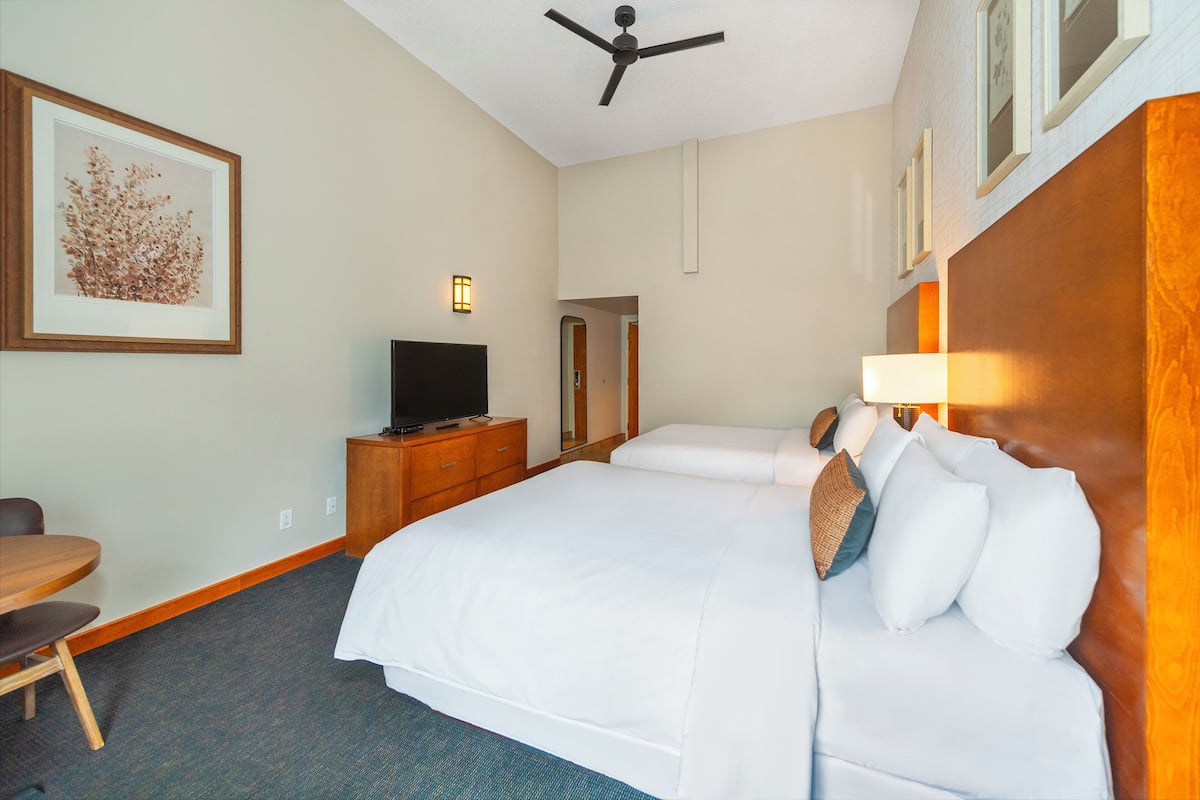 A hotel room with a bed, a desk, a television, and a ceiling fan.