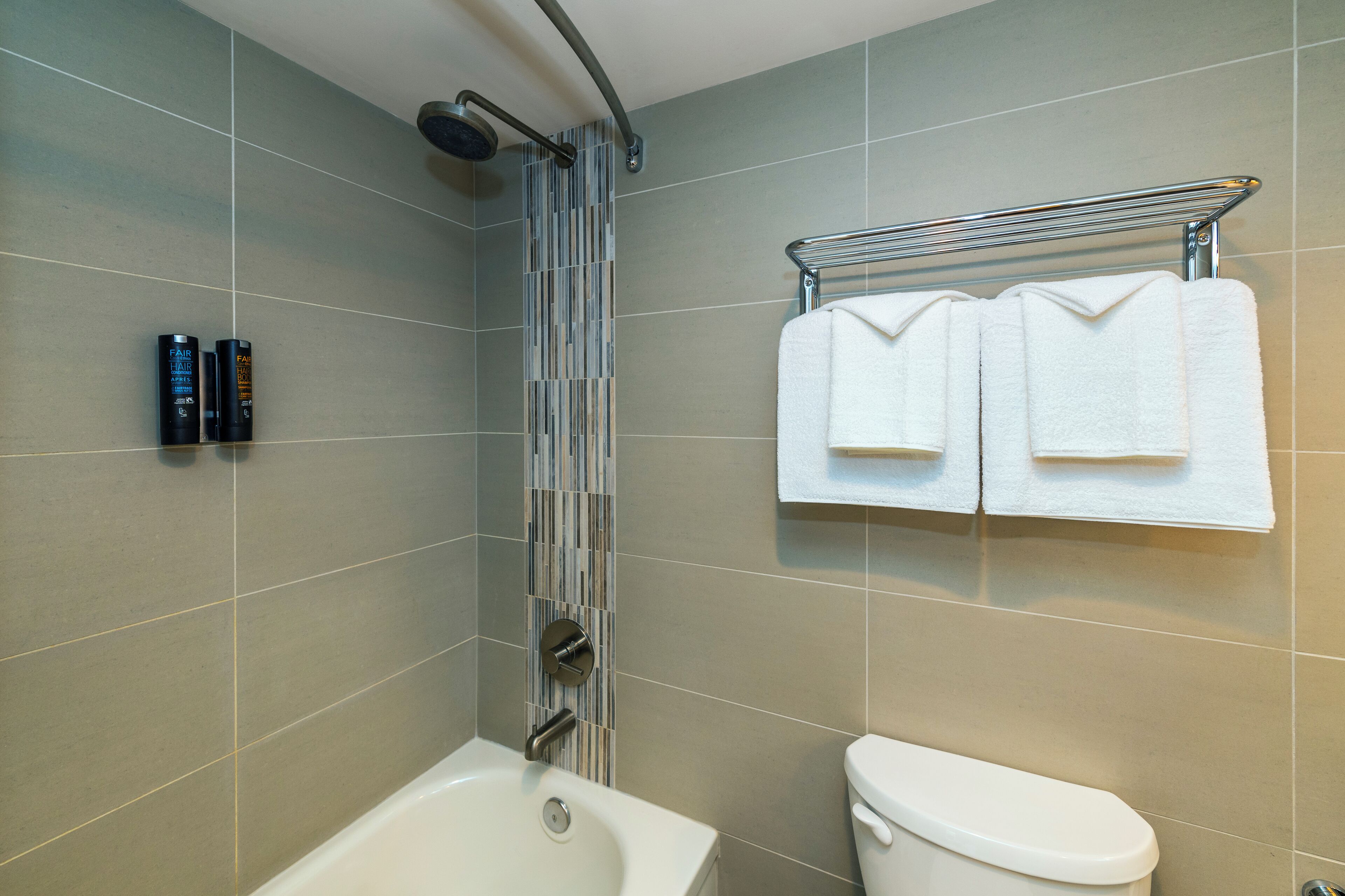 A bathroom with a bathtub, toilet, and a shower. There are two bottles of shampoo on the wall.
