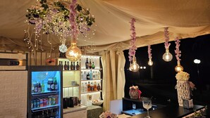 A bar area with a refrigerator stocked with beverages, shelves with bottles, hanging light bulbs, and a decorative plant. - Ai Tigli (Langhirano)