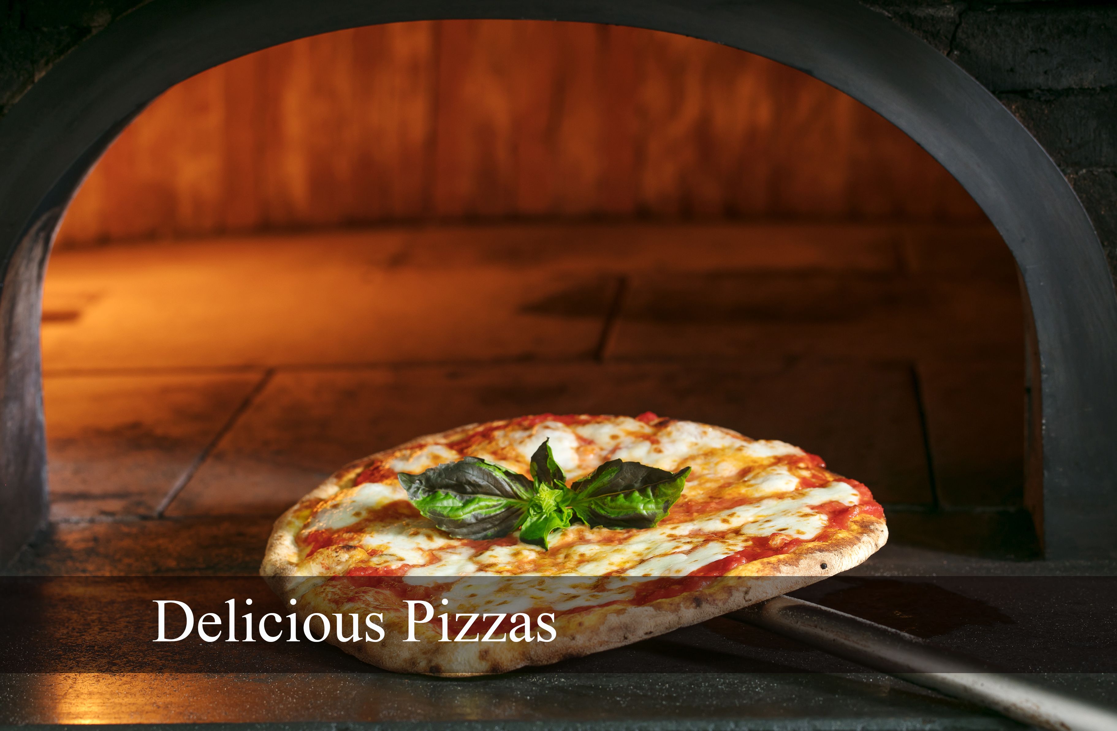 Uma pizza dentro de um forno de tijolos, com o texto 'Delicious Pizzas' abaixo.