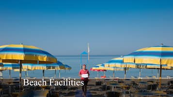 Beach facilities with umbrellas and chairs.