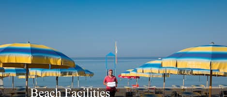Beach facilities with umbrellas and chairs.