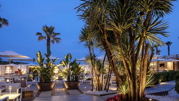An outdoor lounge area with seating and umbrellas, surrounded by palm trees and potted plants. - Hotel Olimpico (Pontecagnano Faiano)