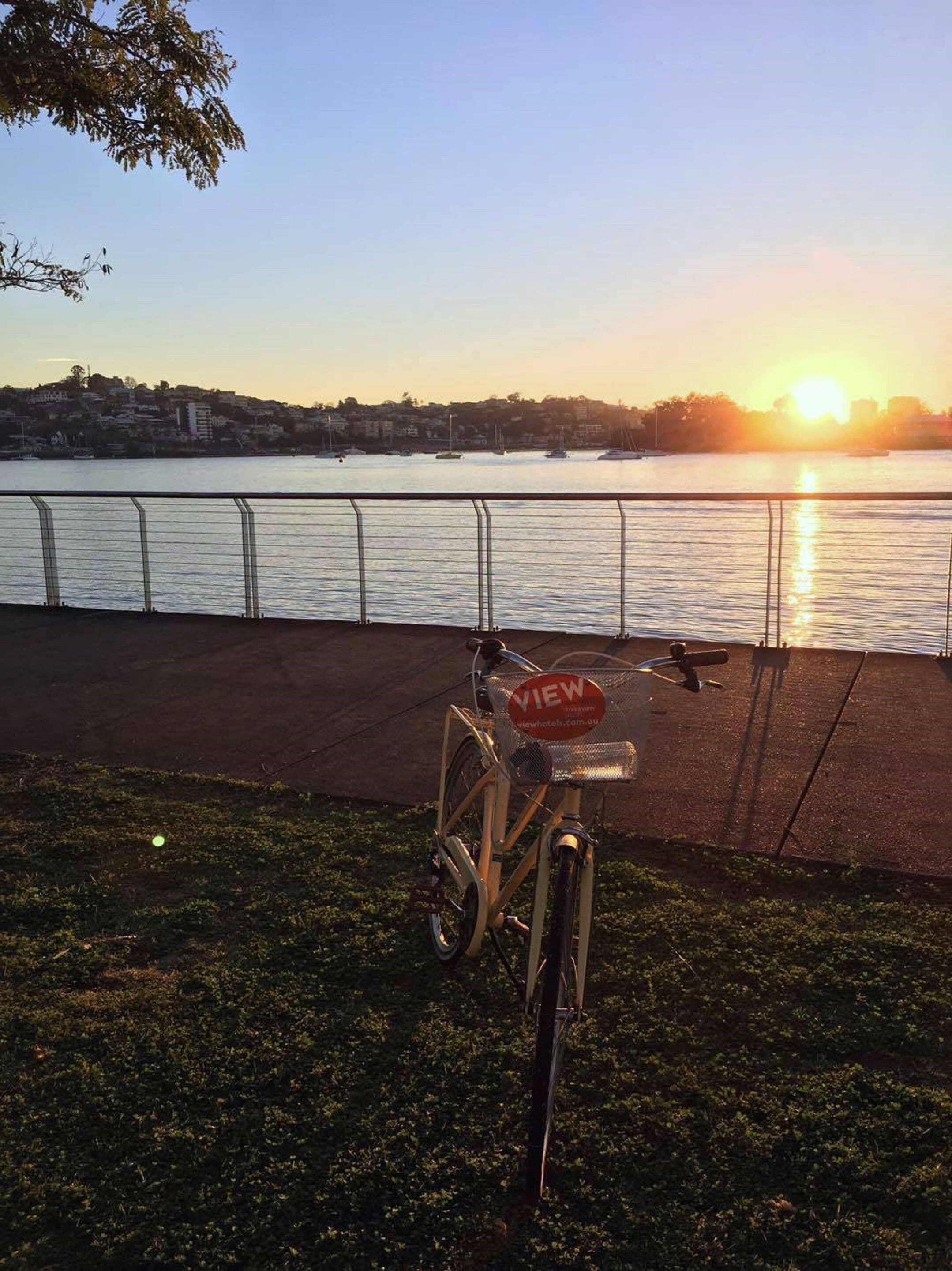 Una bicicleta estacionada en un césped cerca de la costa, con una barandilla, con vista a un cuerpo de agua y una orilla distante con edificios.