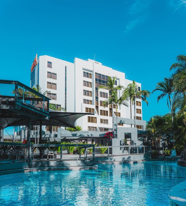 Outdoor pool, pool umbrellas, pool loungers