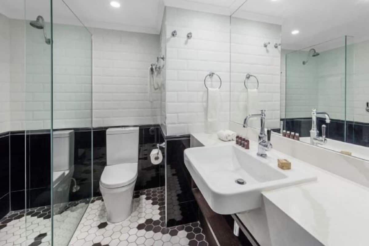 A modern bathroom with a glass-enclosed shower, a white toilet, a large white sink, and a mirror.