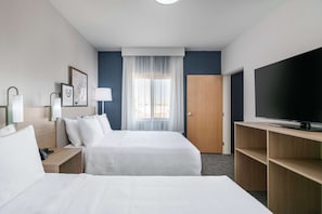 Desk, laptop workspace, blackout curtains, iron/ironing board