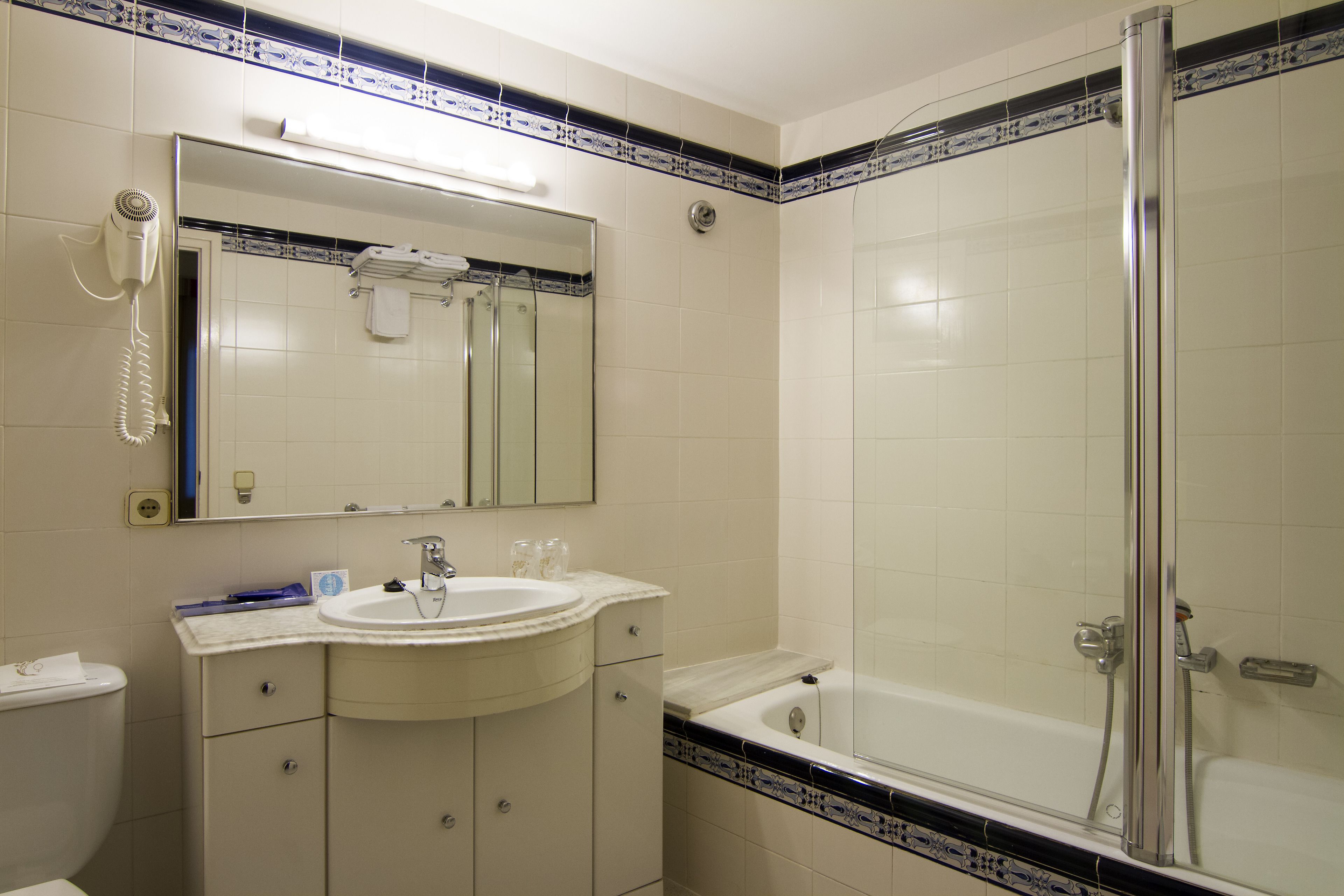 combined shower/bathtub, free toiletries, hair dryer, bidet