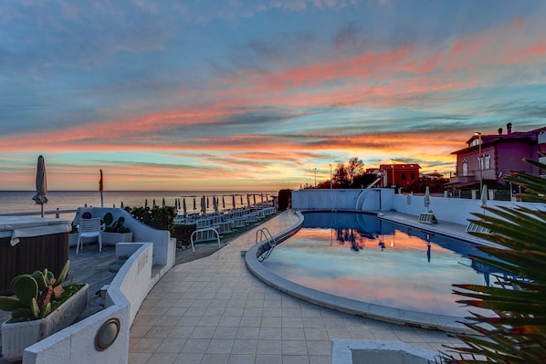 Seasonal outdoor pool, pool umbrellas