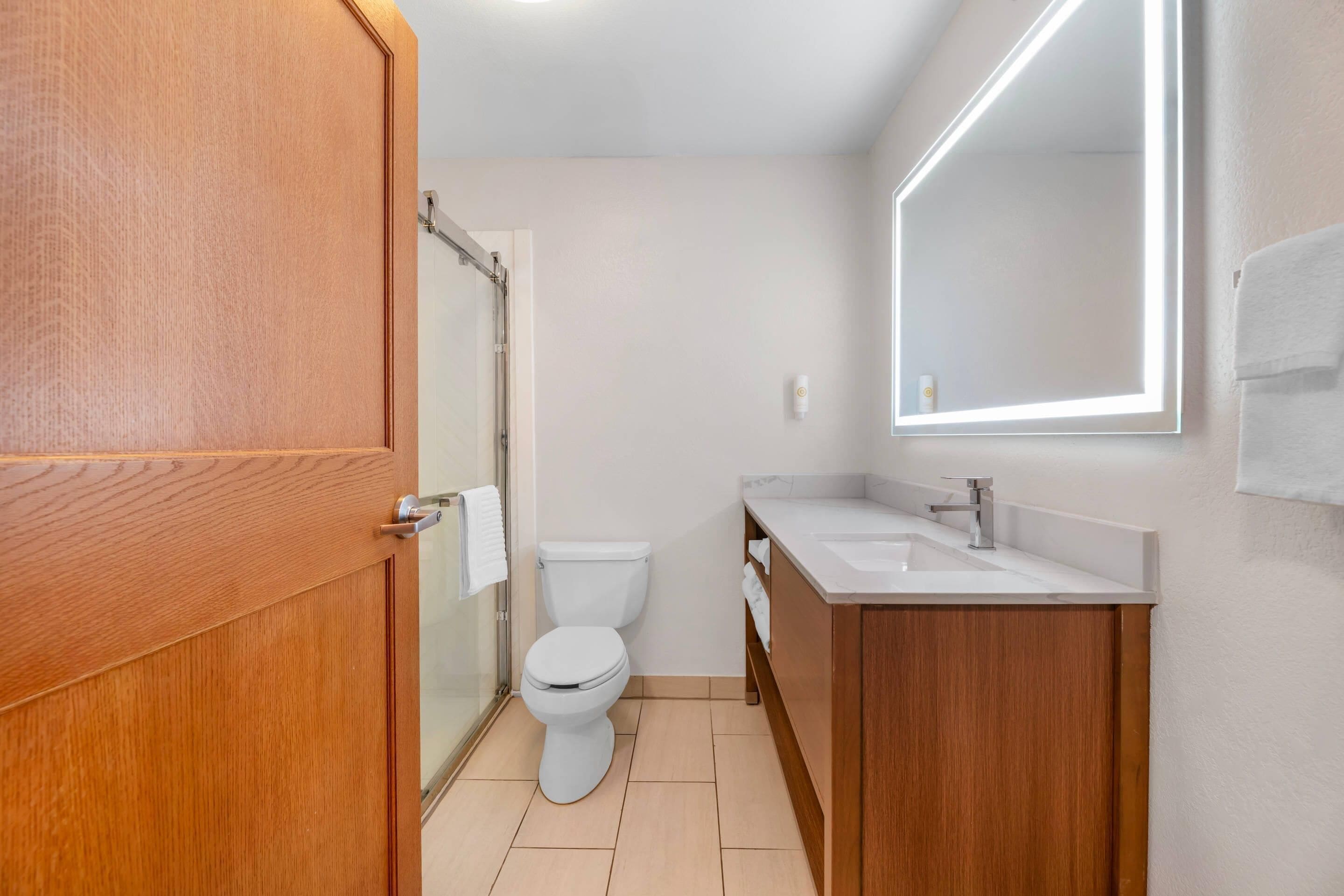A modern bathroom with a wooden door, a white toilet, a sink with a mirror, and a shower area.