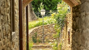 A stone pathway leading through an arched stone structure, surrounded by greenery and a lamp post. - Relais Villa Baldelli (Cortona)