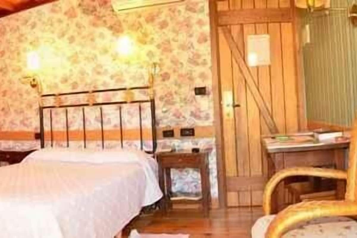 Un dormitorio con cama, una silla y un escritorio.