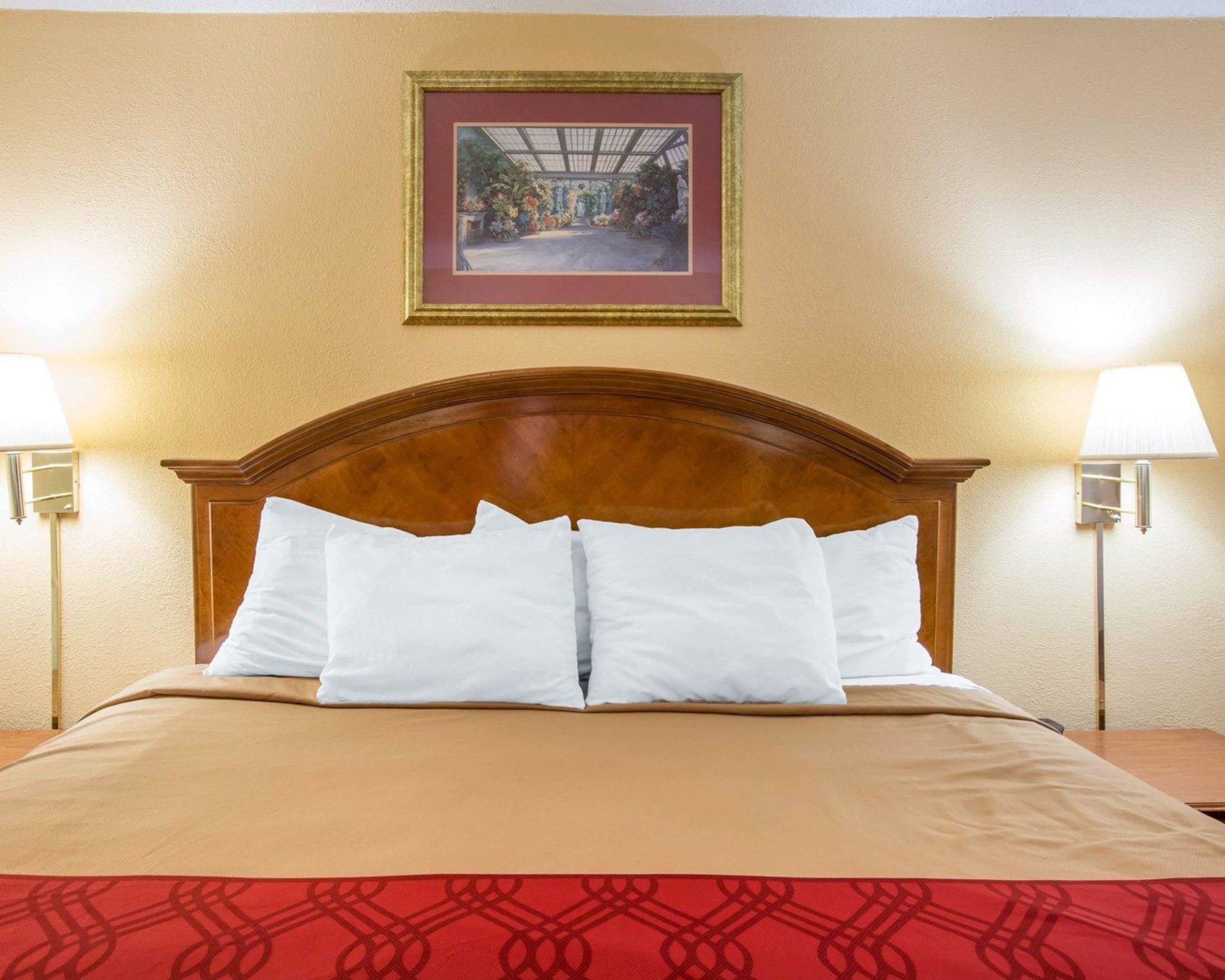 A hotel room with a wooden headboard, two bedside lamps, a framed picture on the wall, and a red patterned bedspread.