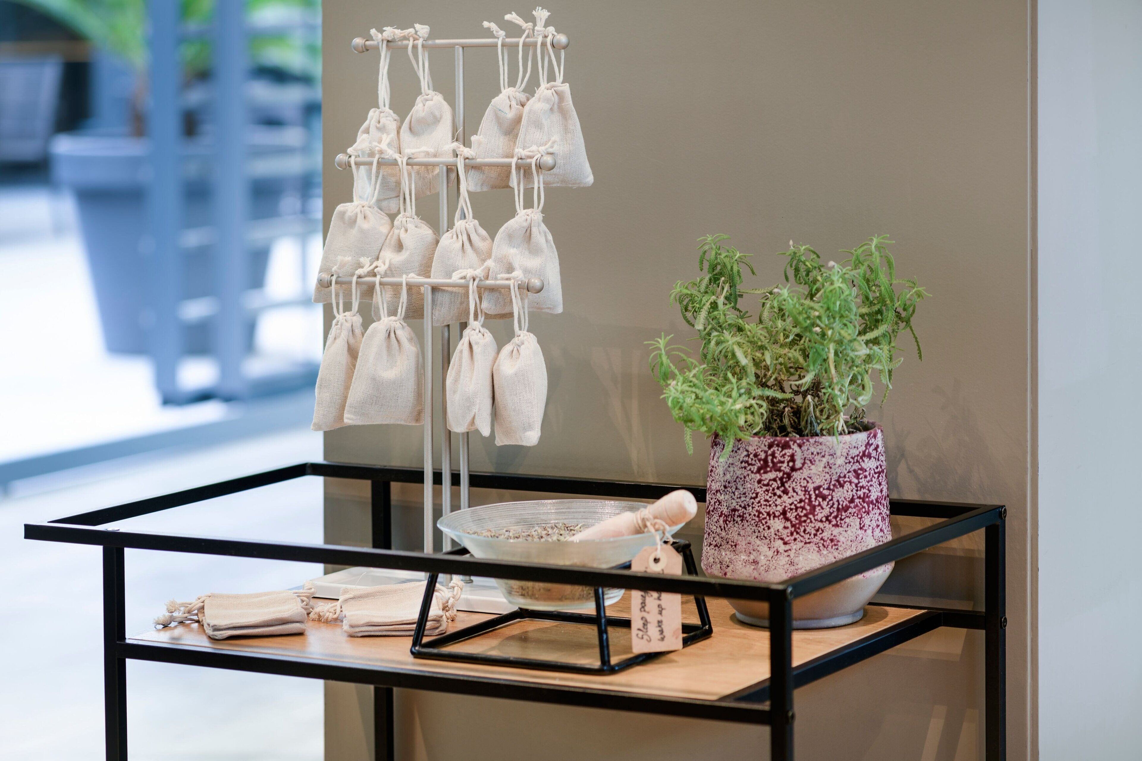A glass-top table with a metal frame, a hanging bag rack, a potted plant, and a wooden bowl with a scoop.