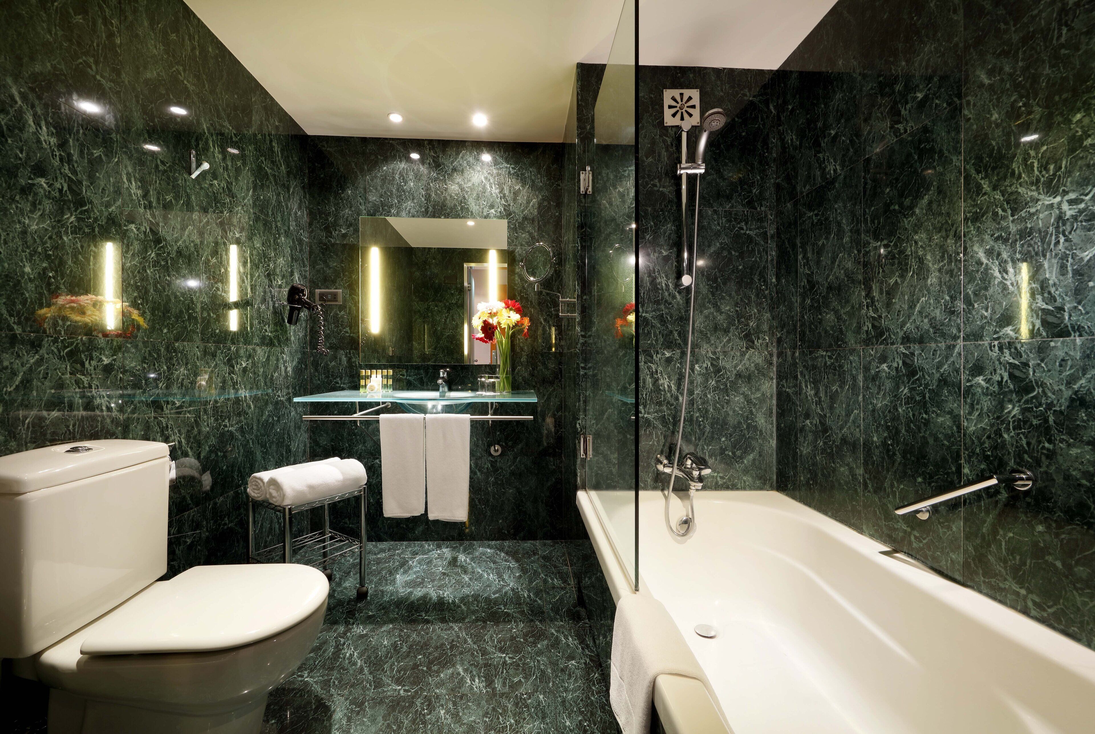 combined shower/bathtub, eco-friendly toiletries, hair dryer, towels