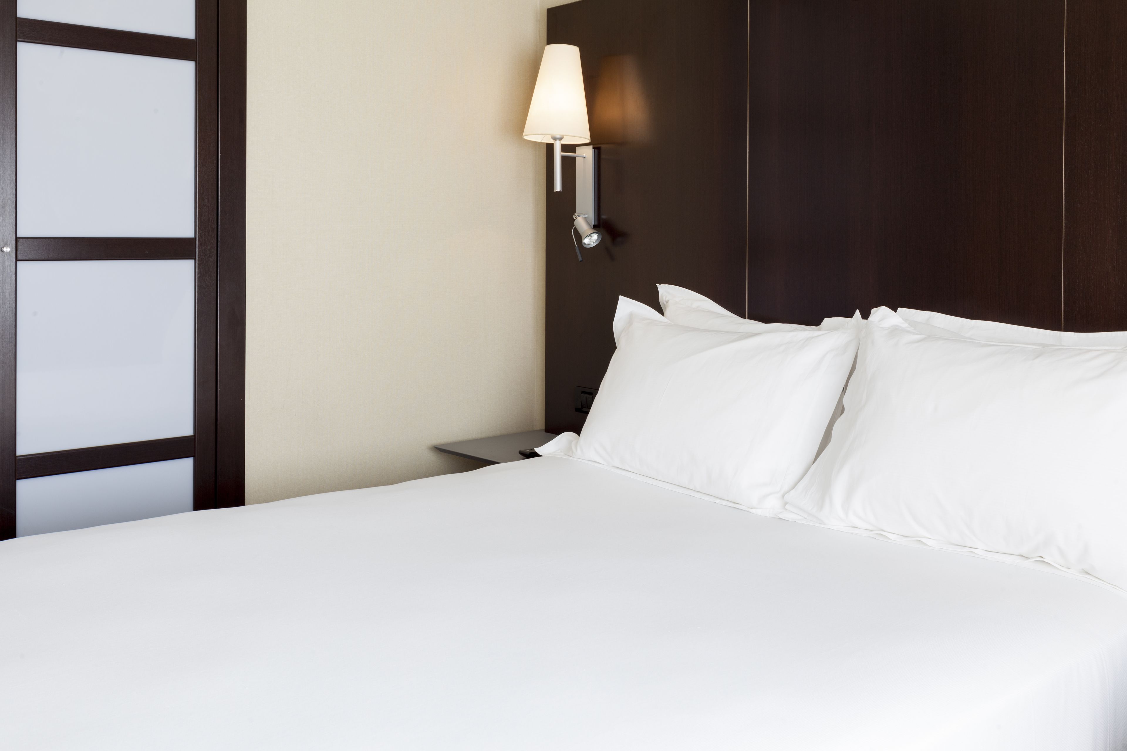 A neatly made bed with white linens, a wall-mounted lamp, and a dark wooden headboard.