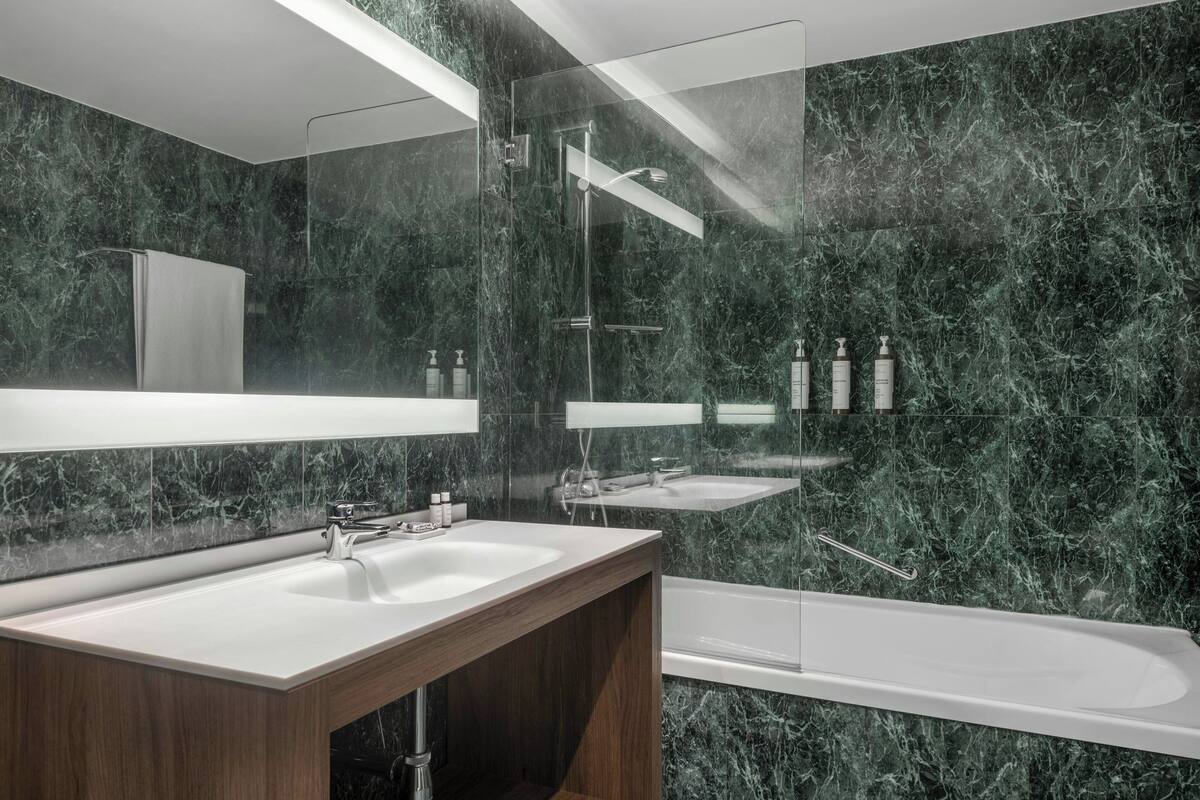 combined shower/bathtub, free toiletries, hair dryer, bidet