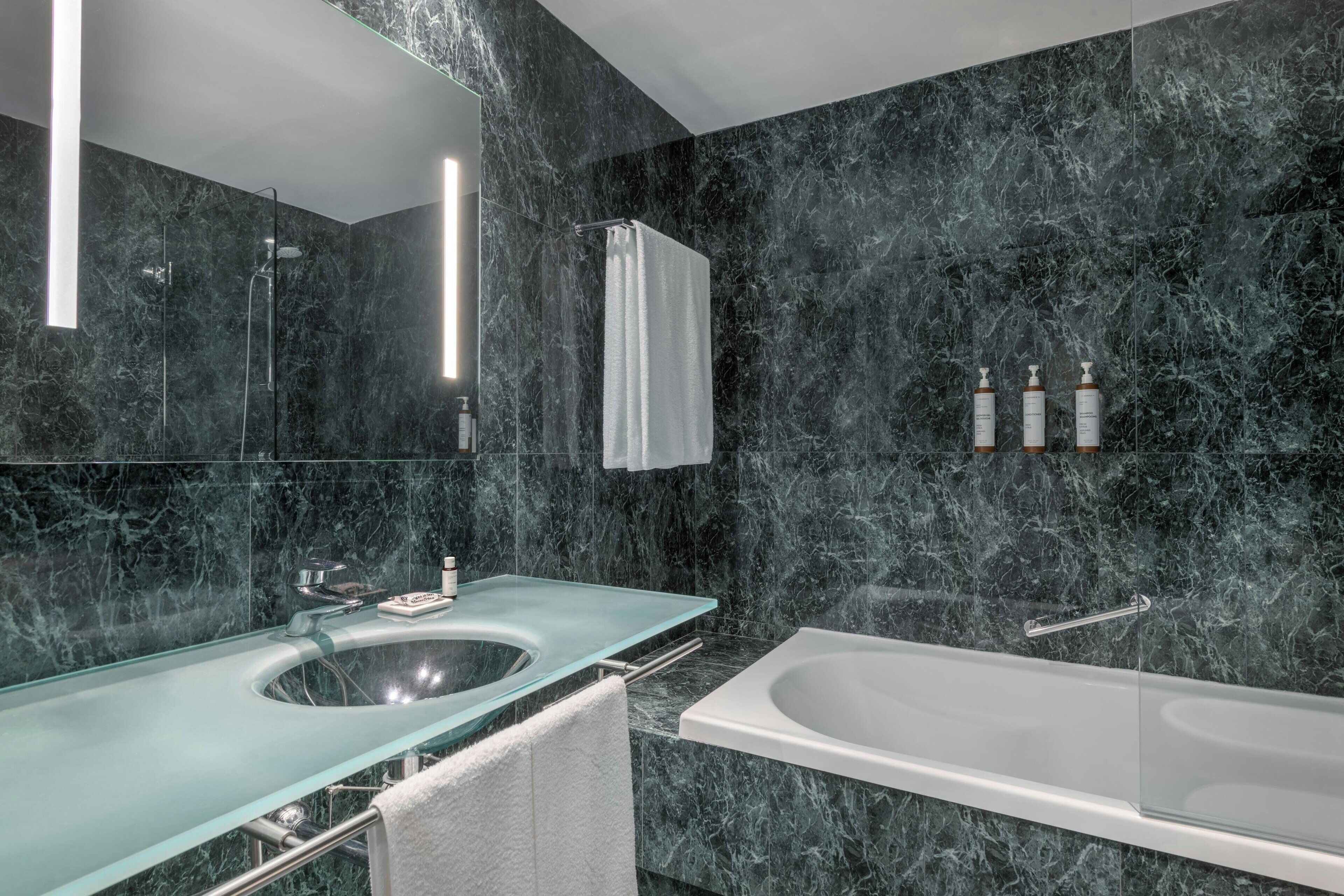 combined shower/bathtub, free toiletries, hair dryer, bidet