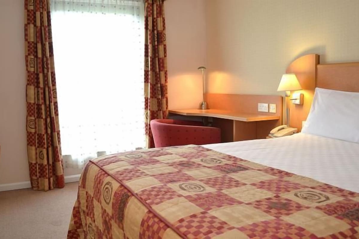 A hotel room with a bed, a desk, a chair, a TV, and a telephone.