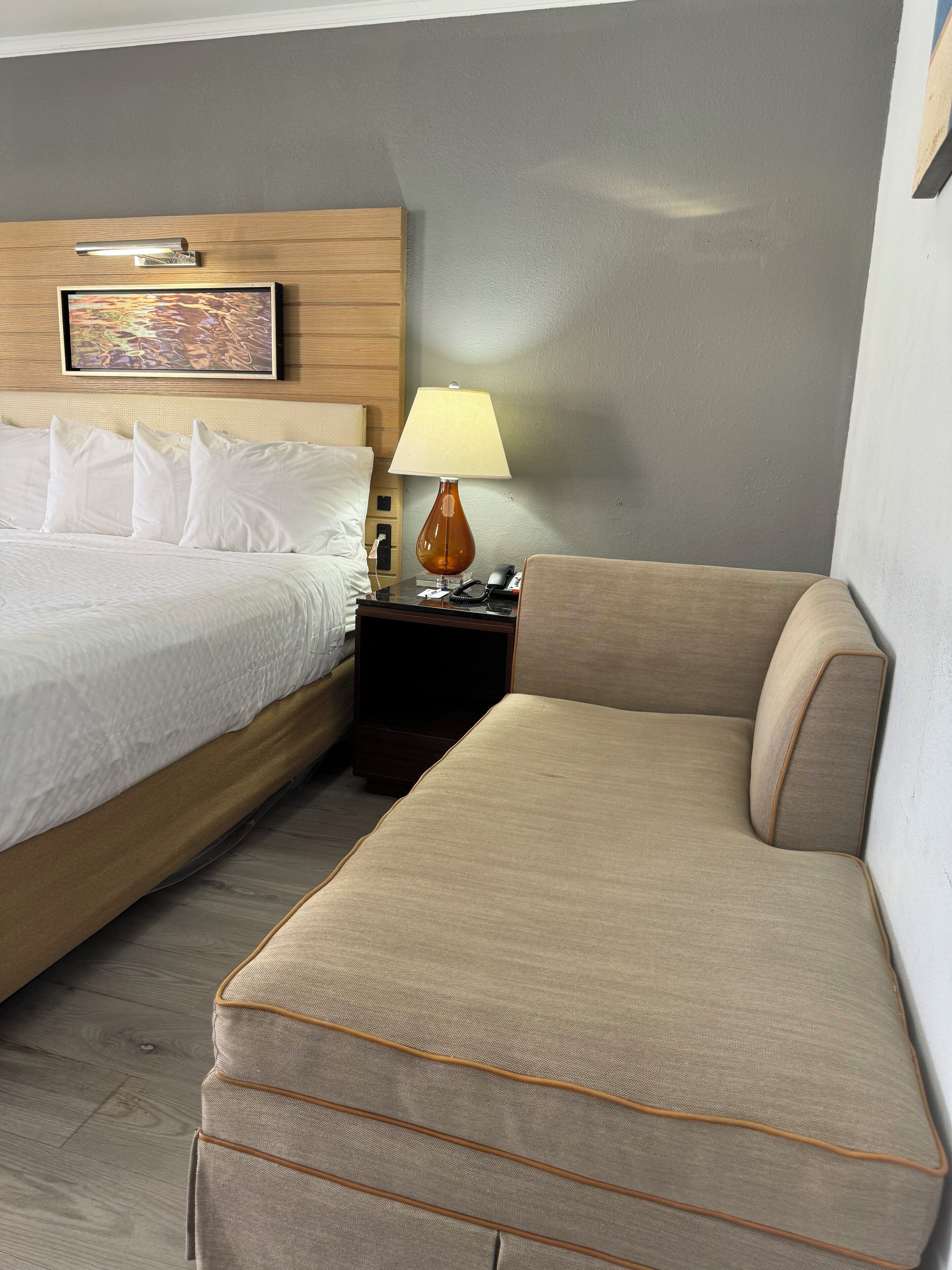 A hotel room with a bed, a sofa, a nightstand with a lamp, and a painting on the wall.