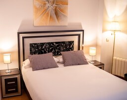 A neatly made bed with two pillows, a headboard with a floral pattern, and two bedside lamps.