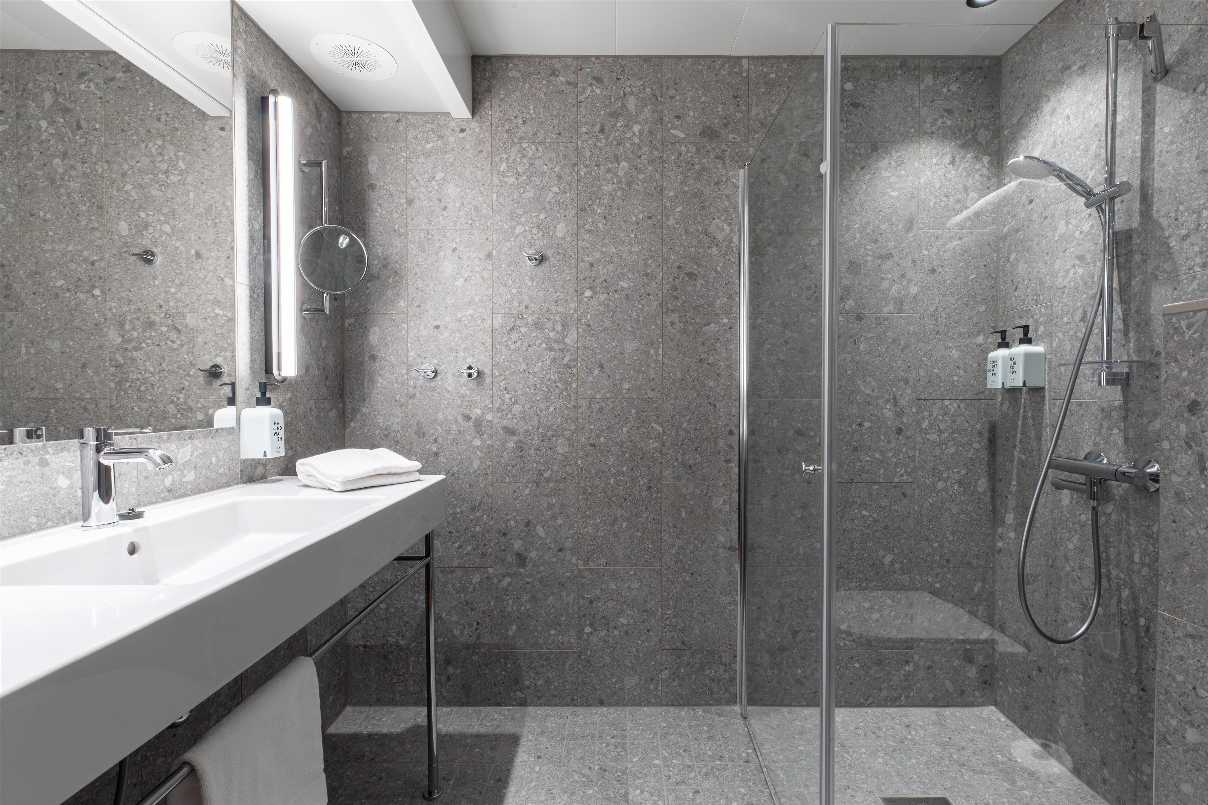 hair dryer, towels, soap, shampoo