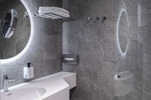 Hair dryer, towels, soap, shampoo
