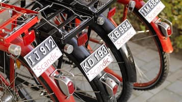 A close-up of three bicycles with license plates.