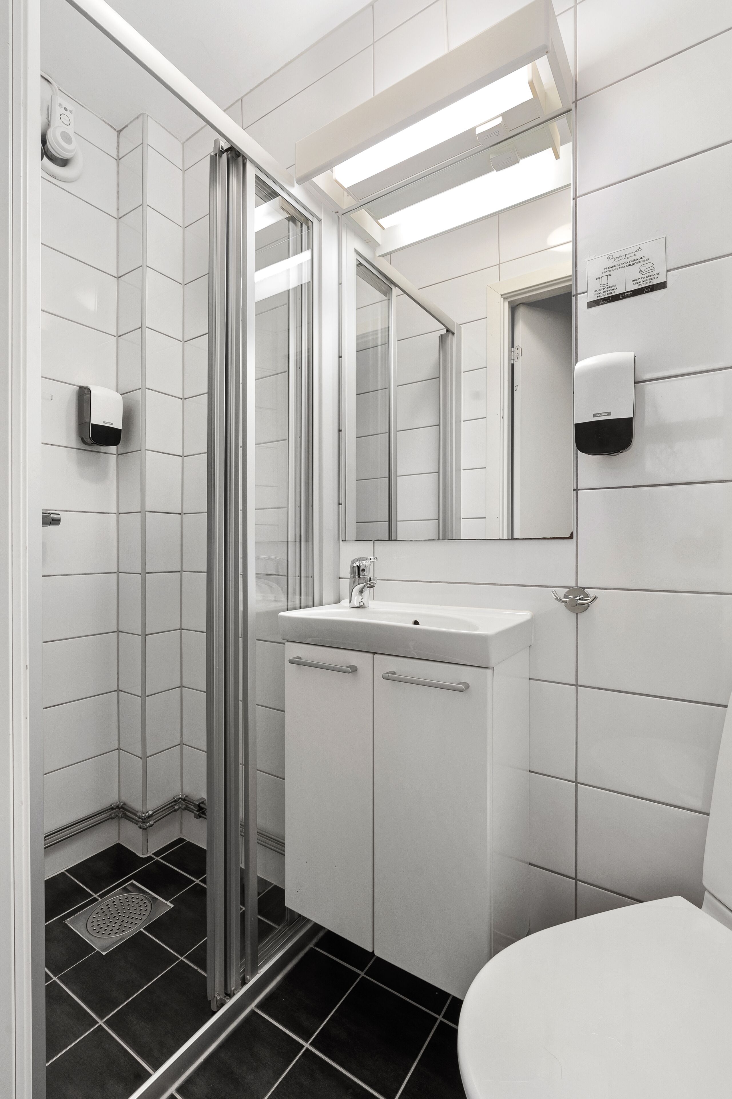 A modern bathroom with a glass shower enclosure, a white sink, and a toilet.