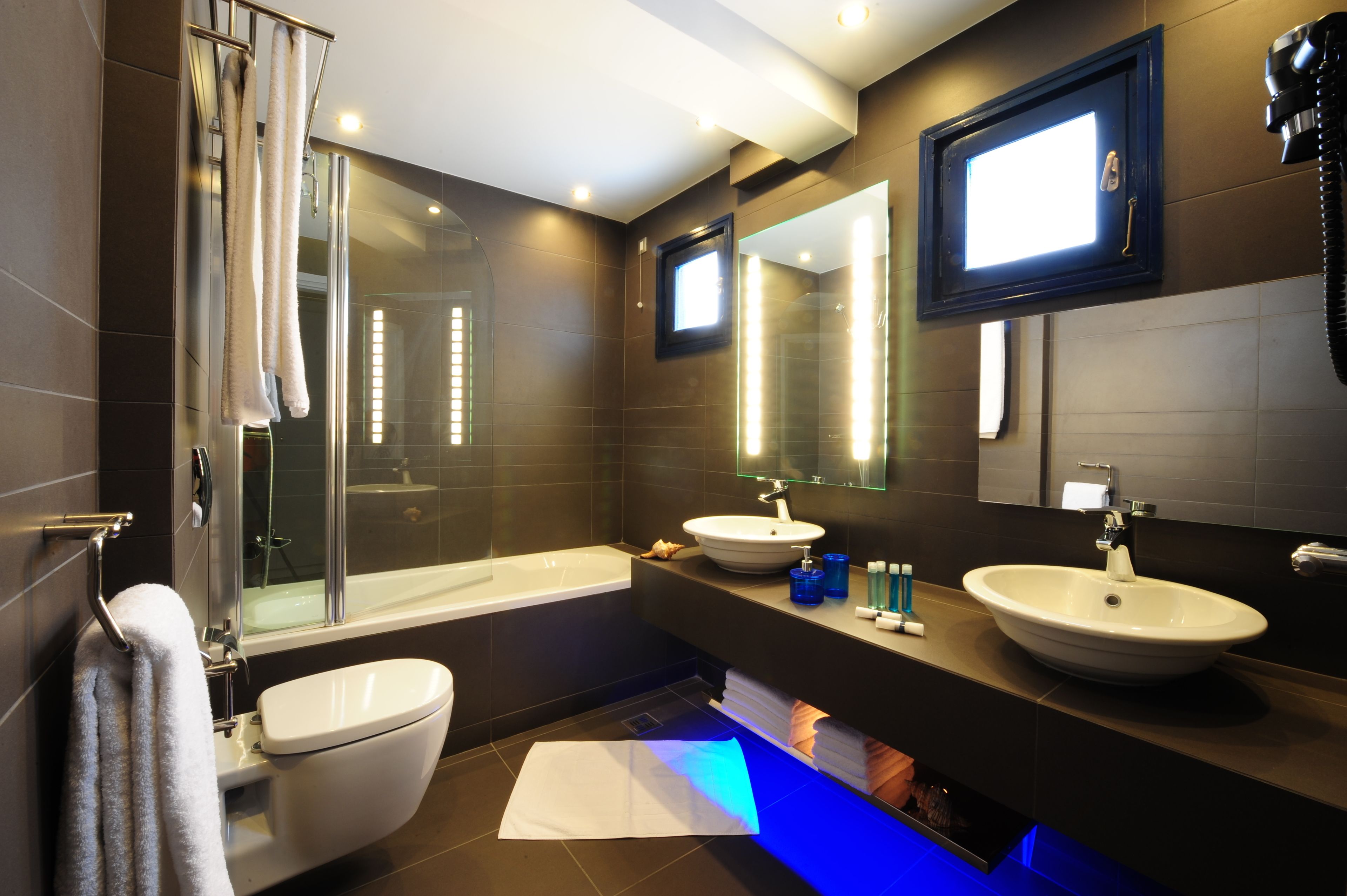 free toiletries, hair dryer, bathrobes, towels