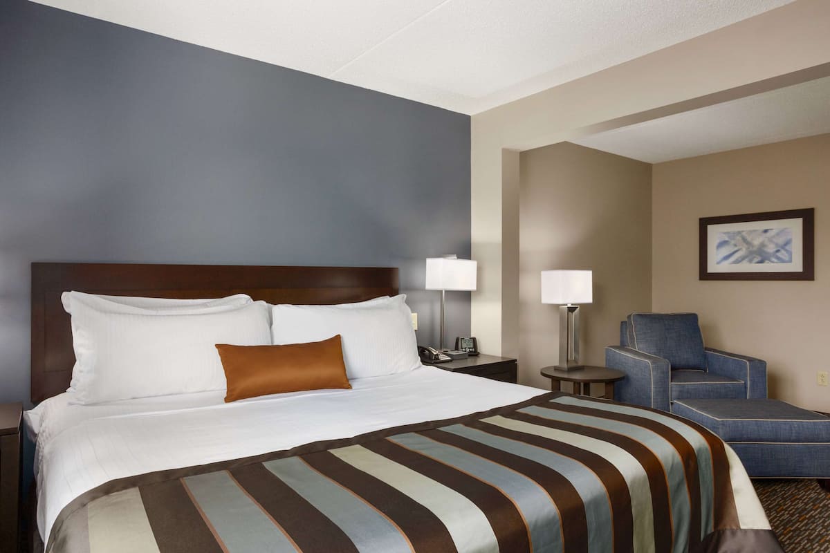 A hotel room with a large bed, a chair, and a nightstand with a lamp.