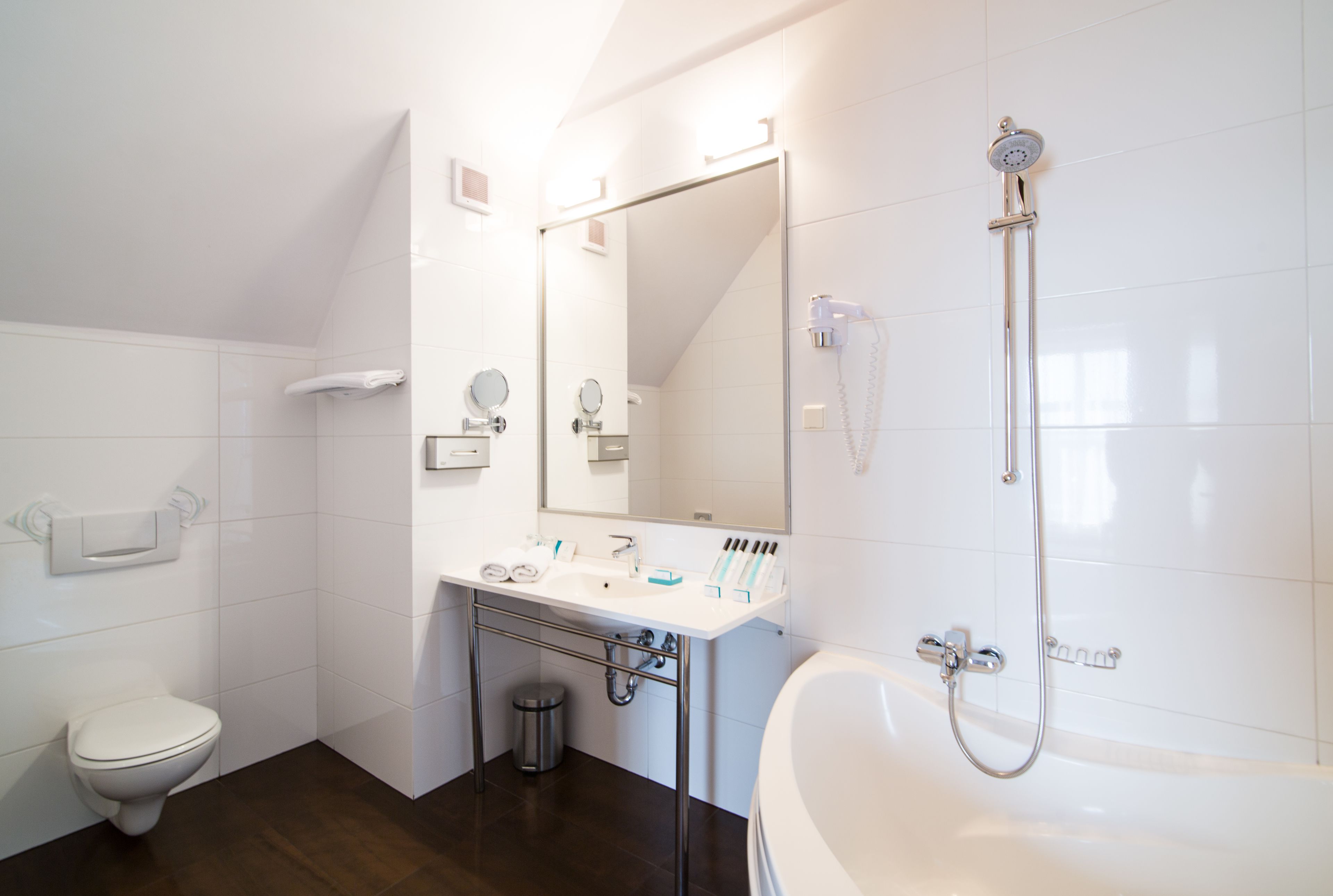 combined shower/bathtub, free toiletries, hair dryer, towels