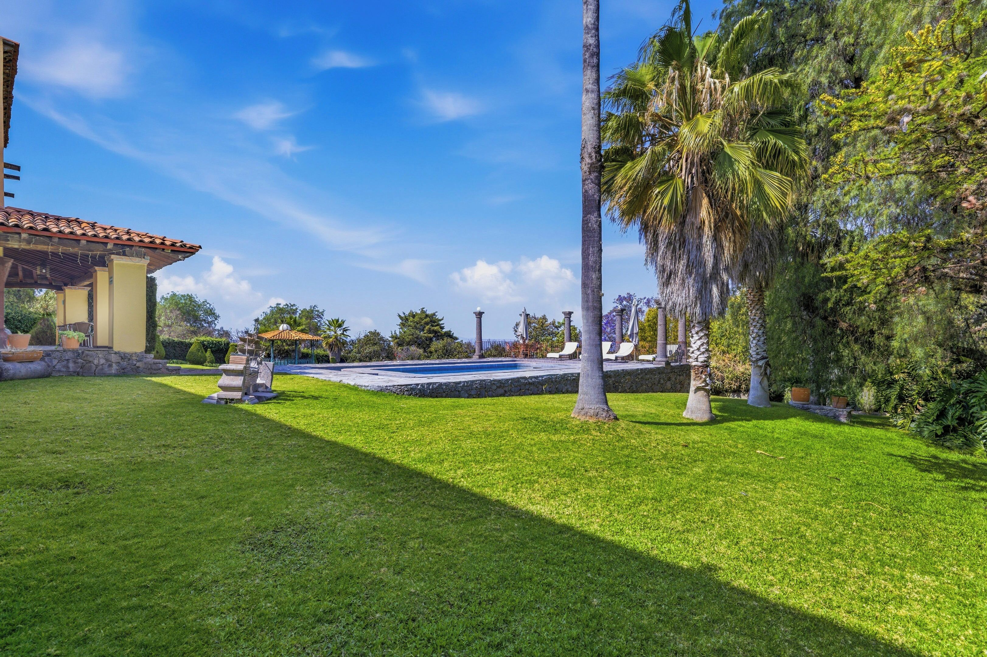 A well-maintained lawn with a pool, palm trees, and a gazebo.