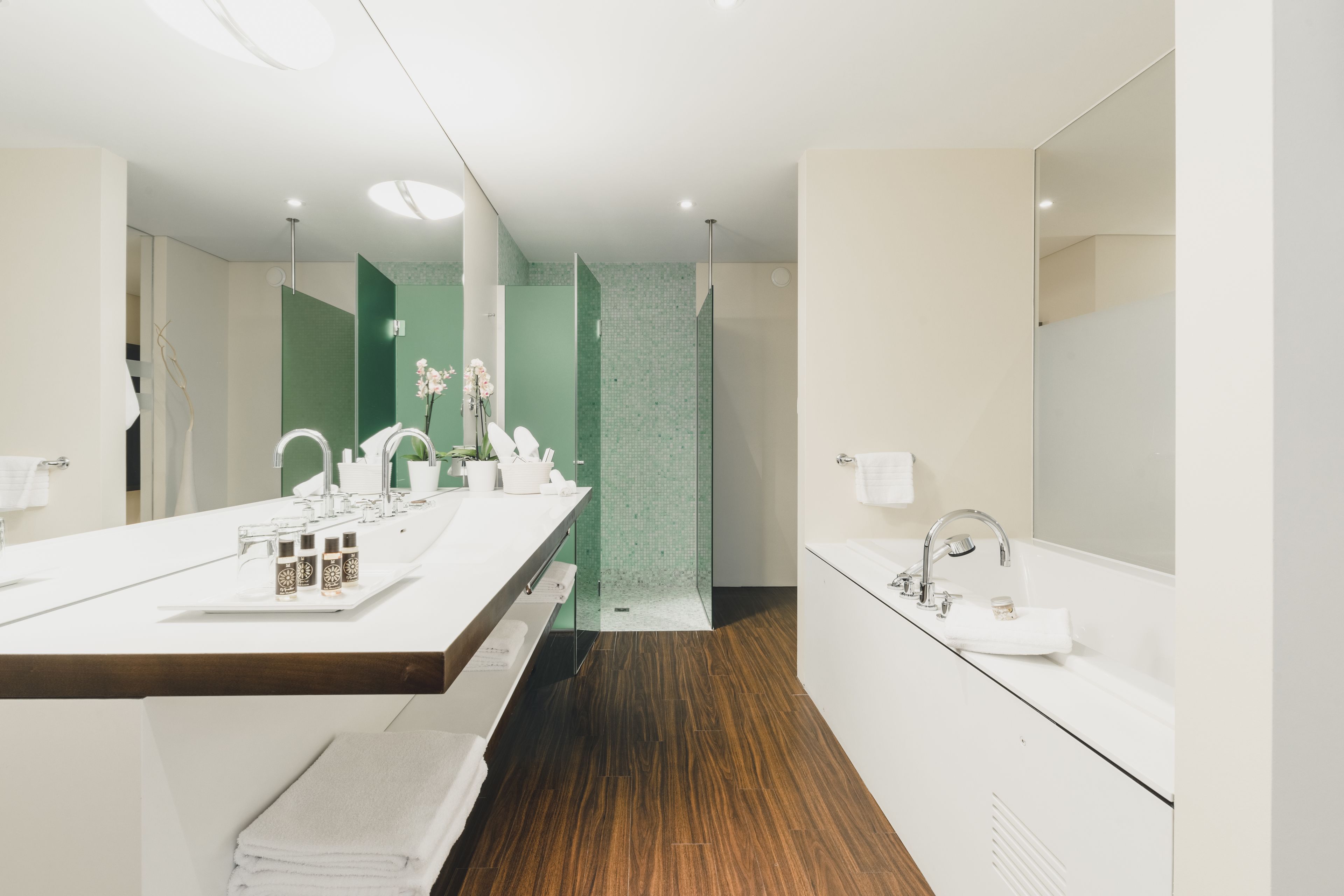 family suite | bathroom | separate bathtub and shower, deep-soaking bathtub, rainfall showerhead